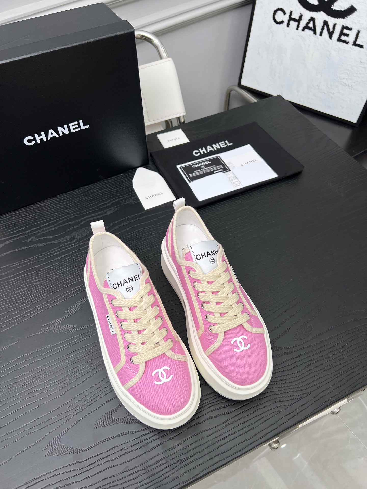 CHANEL 2025C Pink Canvas Platform Sneakers Designer Collaboration 3 i1745481635561 9163 0 0