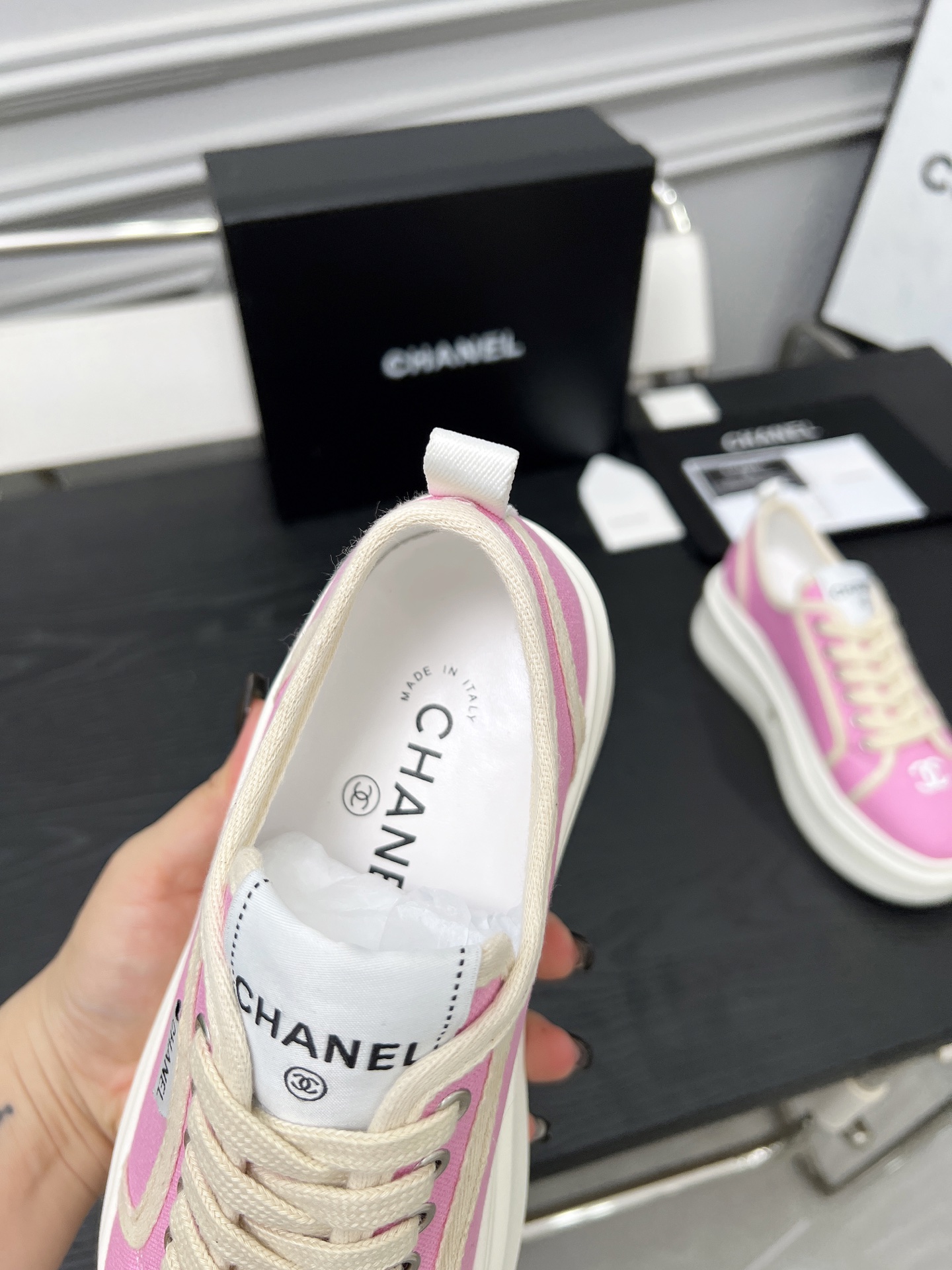 CHANEL 2025C Pink Canvas Platform Sneakers Designer Collaboration 10 i1745481635587 7876 0 8