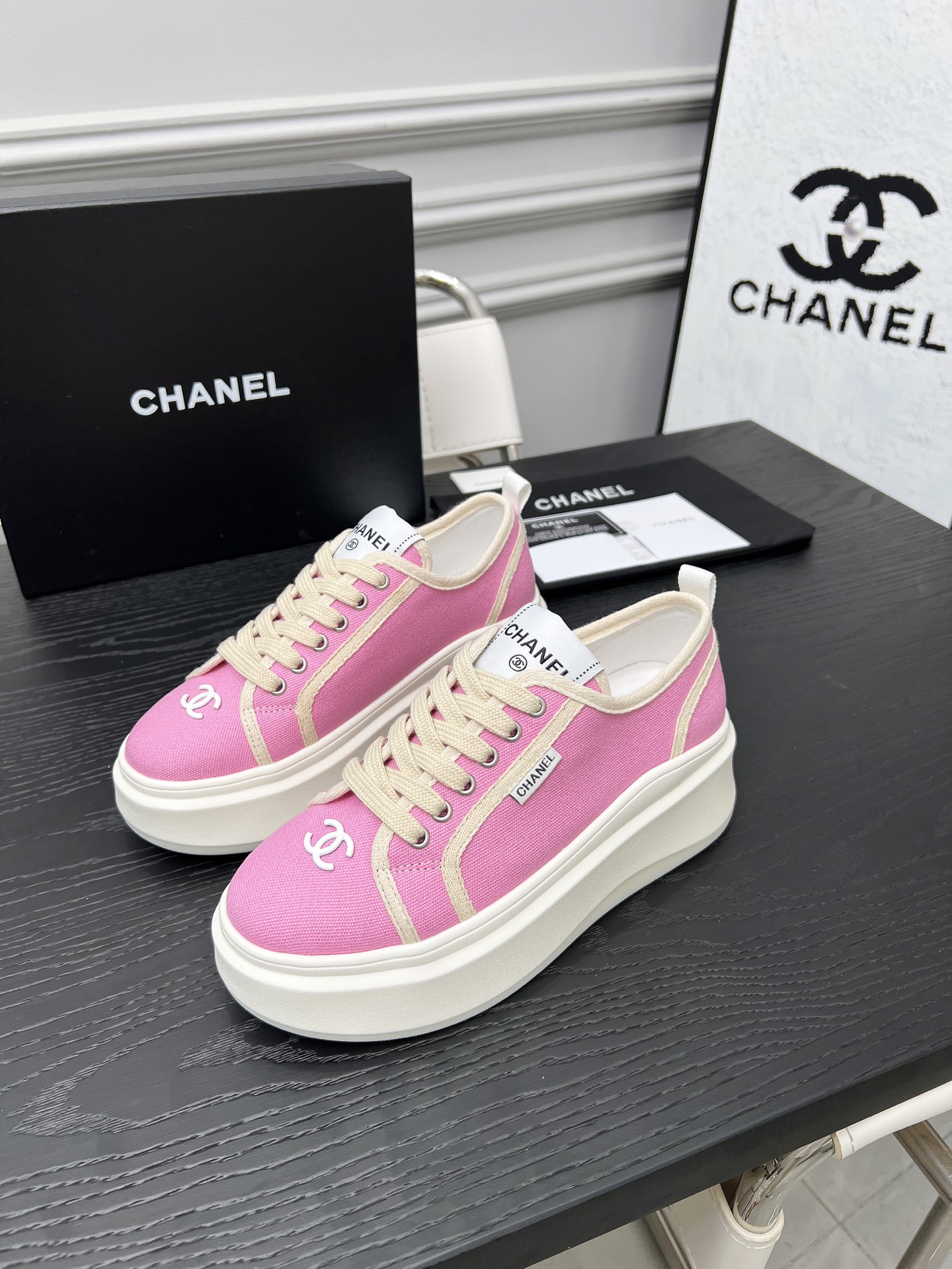 CHANEL 2025C Pink Canvas Platform Sneakers Designer Collaboration 4 i1745481635588 8377 0 2