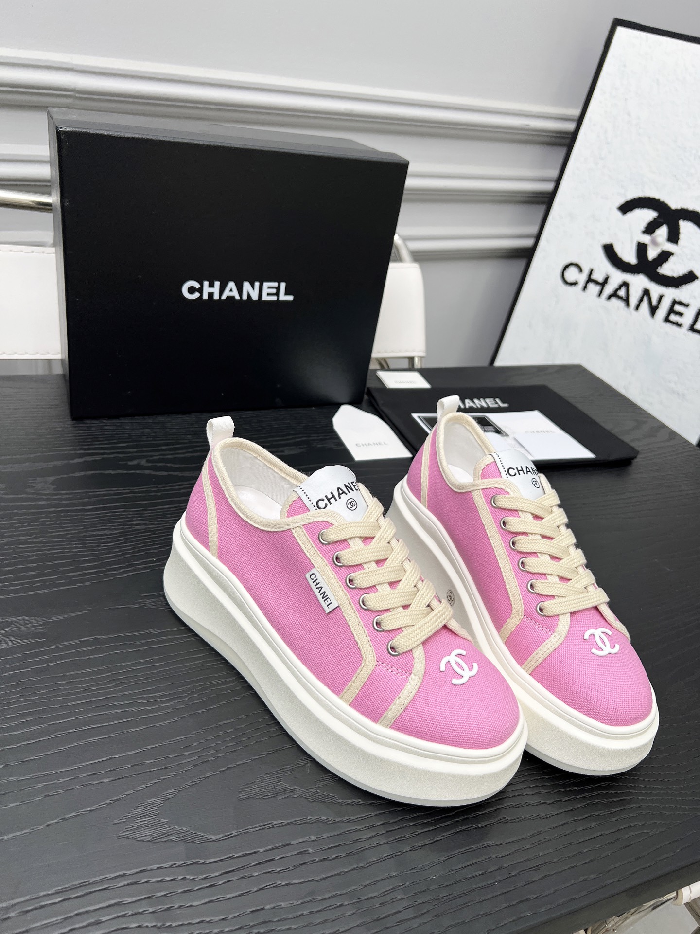 CHANEL 2025C Pink Canvas Platform Sneakers Designer Collaboration 2 i1745481639581 5464 0 1