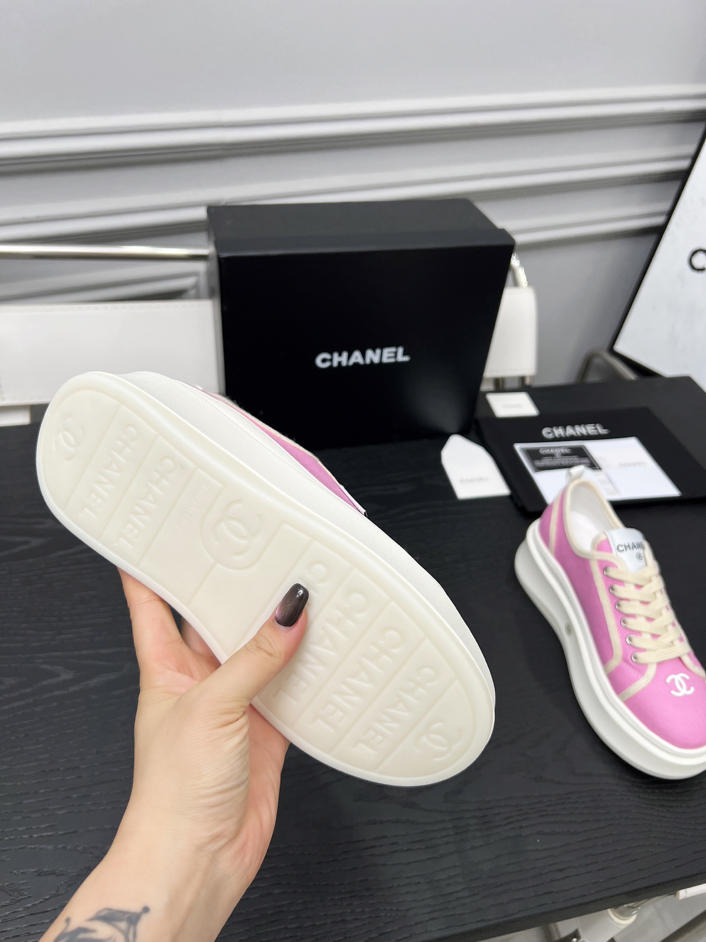 CHANEL 2025C Pink Canvas Platform Sneakers Designer Collaboration 8 i1745481639625 5144 0 6