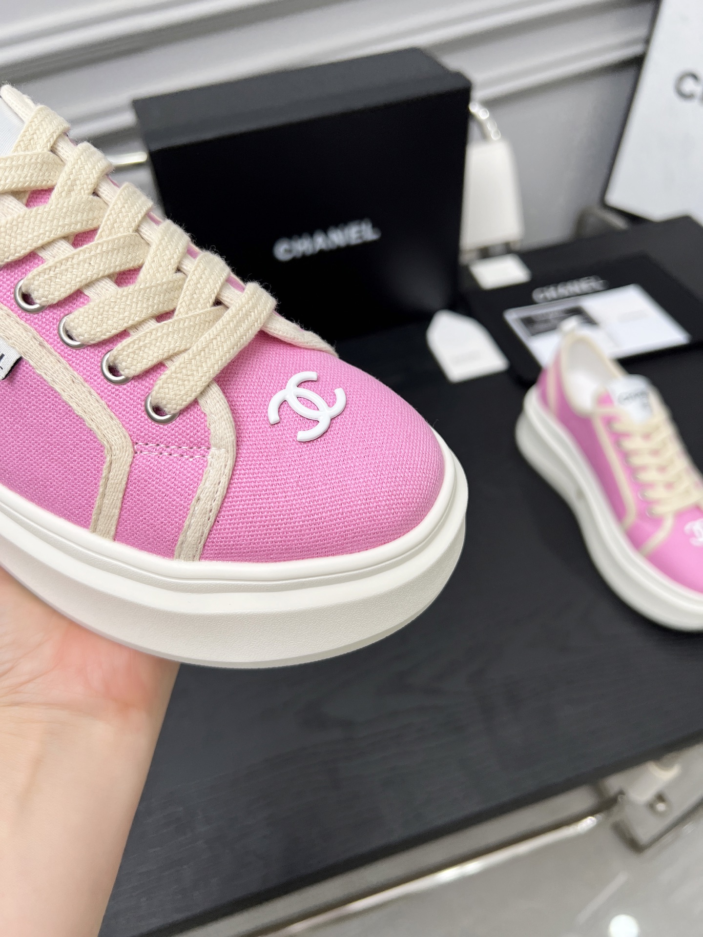 CHANEL 2025C Pink Canvas Platform Sneakers Designer Collaboration 9 i1745481639626 489 0 7