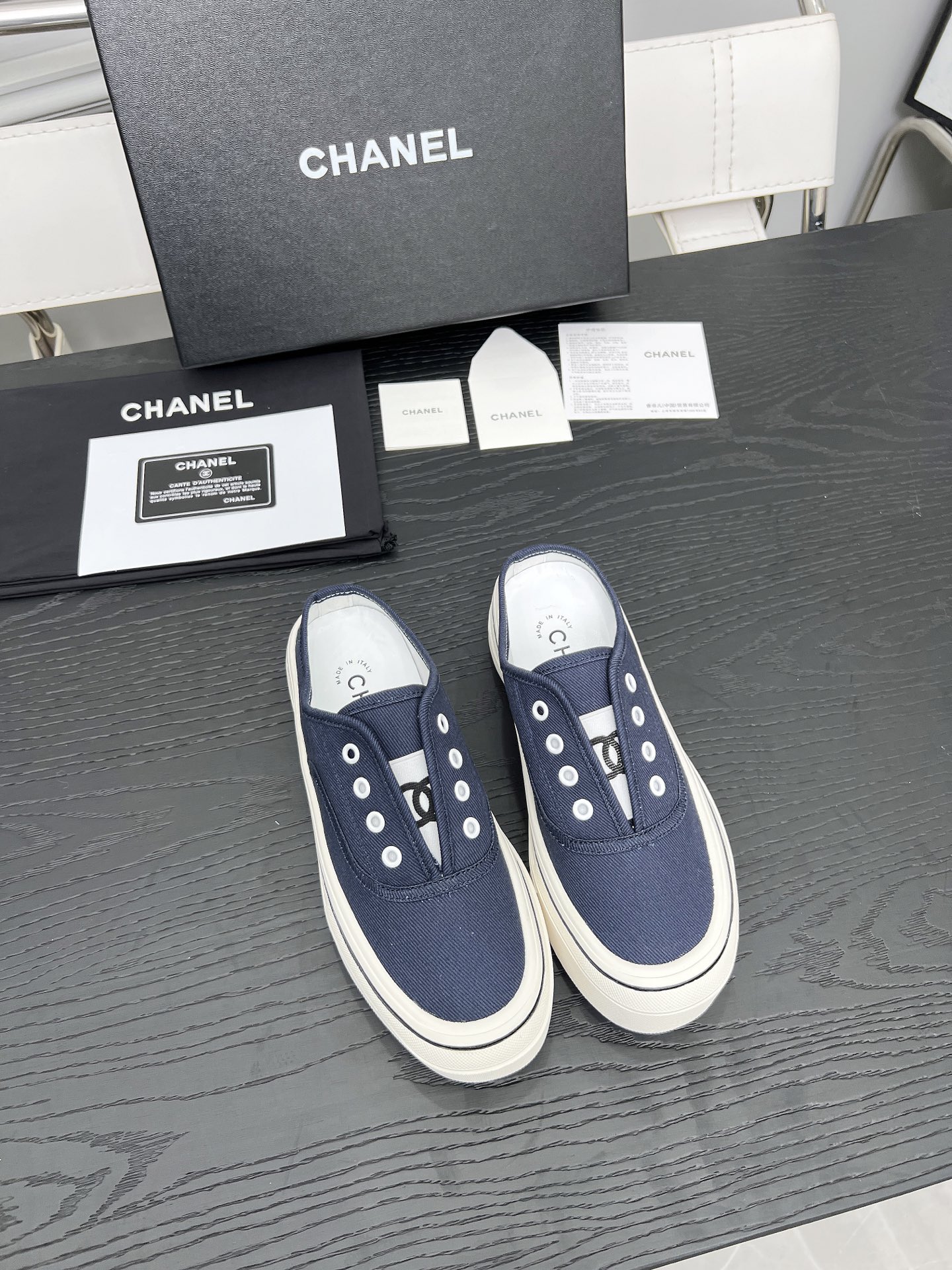 Chanel Women's Canvas Platform Mules, Navy Blue, Sizes 35-40 5 i1746325244099 57 0 4