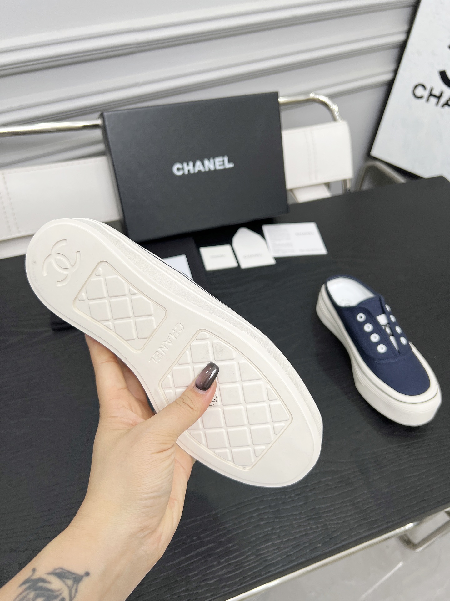Chanel Women's Canvas Platform Mules, Navy Blue, Sizes 35-40 7 i1746325244168 5878 0 0