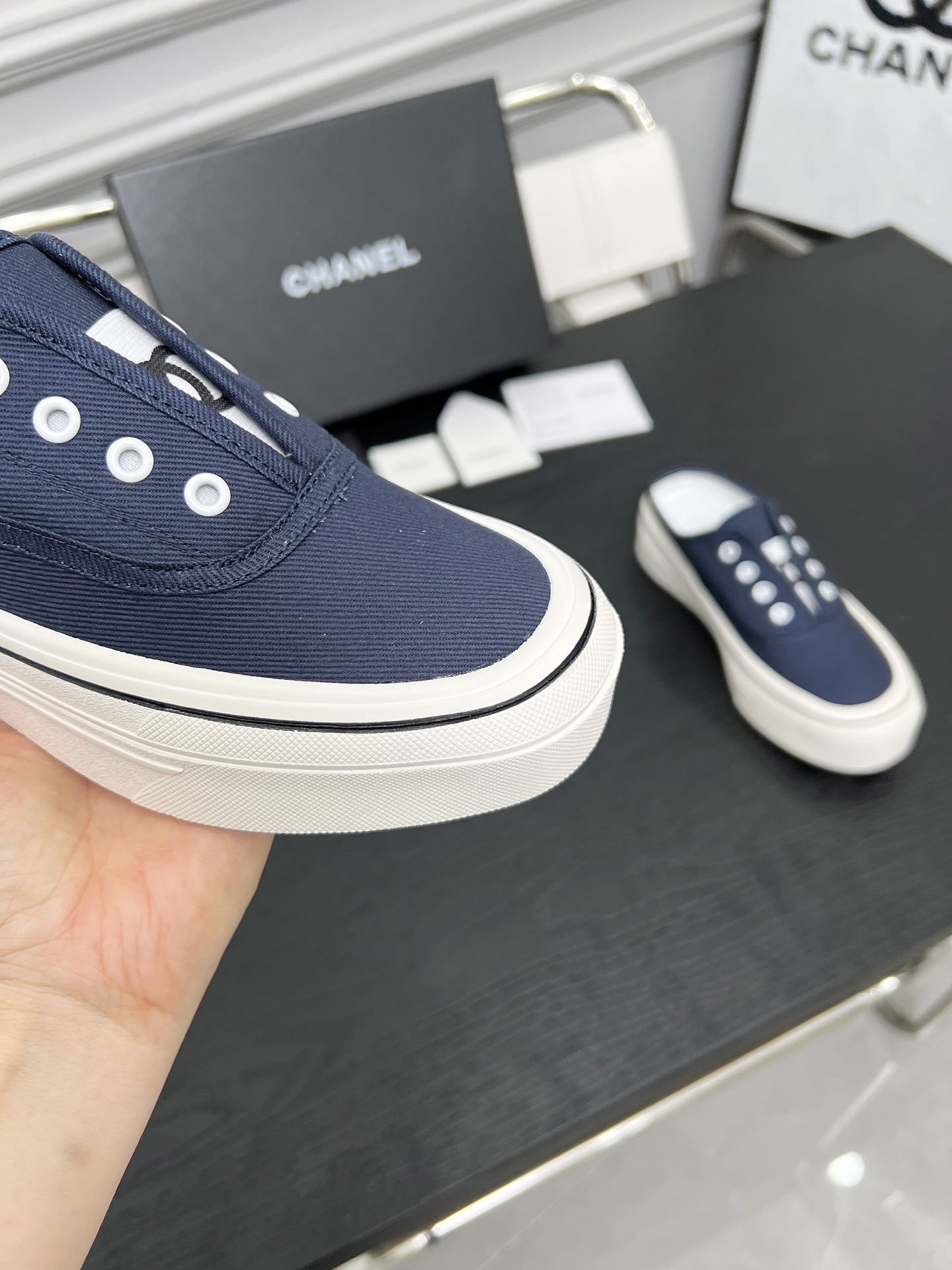 Chanel Women's Canvas Platform Mules, Navy Blue, Sizes 35-40 10 i1746325245869 8379 0 8