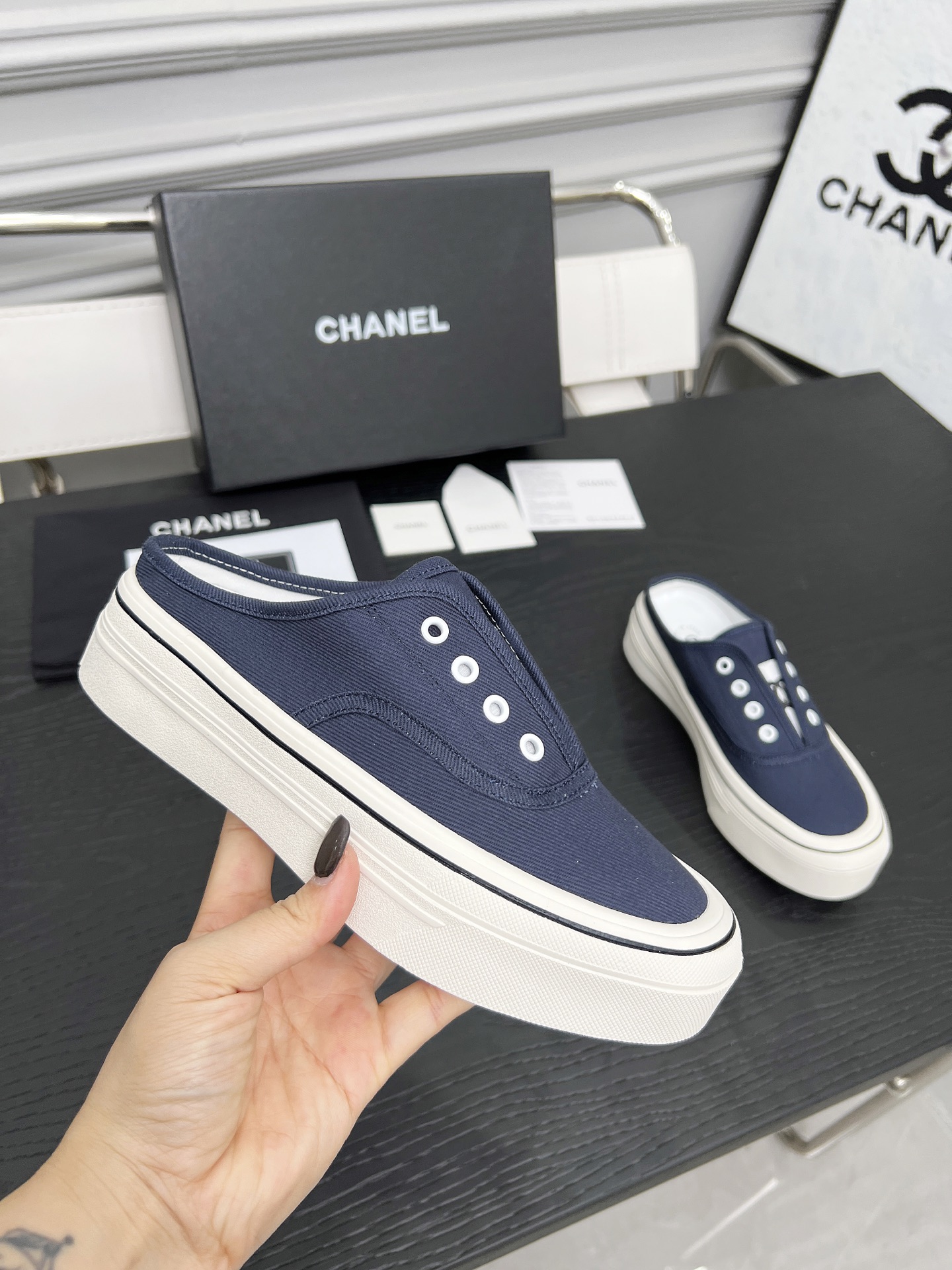 Chanel Women's Canvas Platform Mules, Navy Blue, Sizes 35-40 4 i1746325245895 8888 0 2