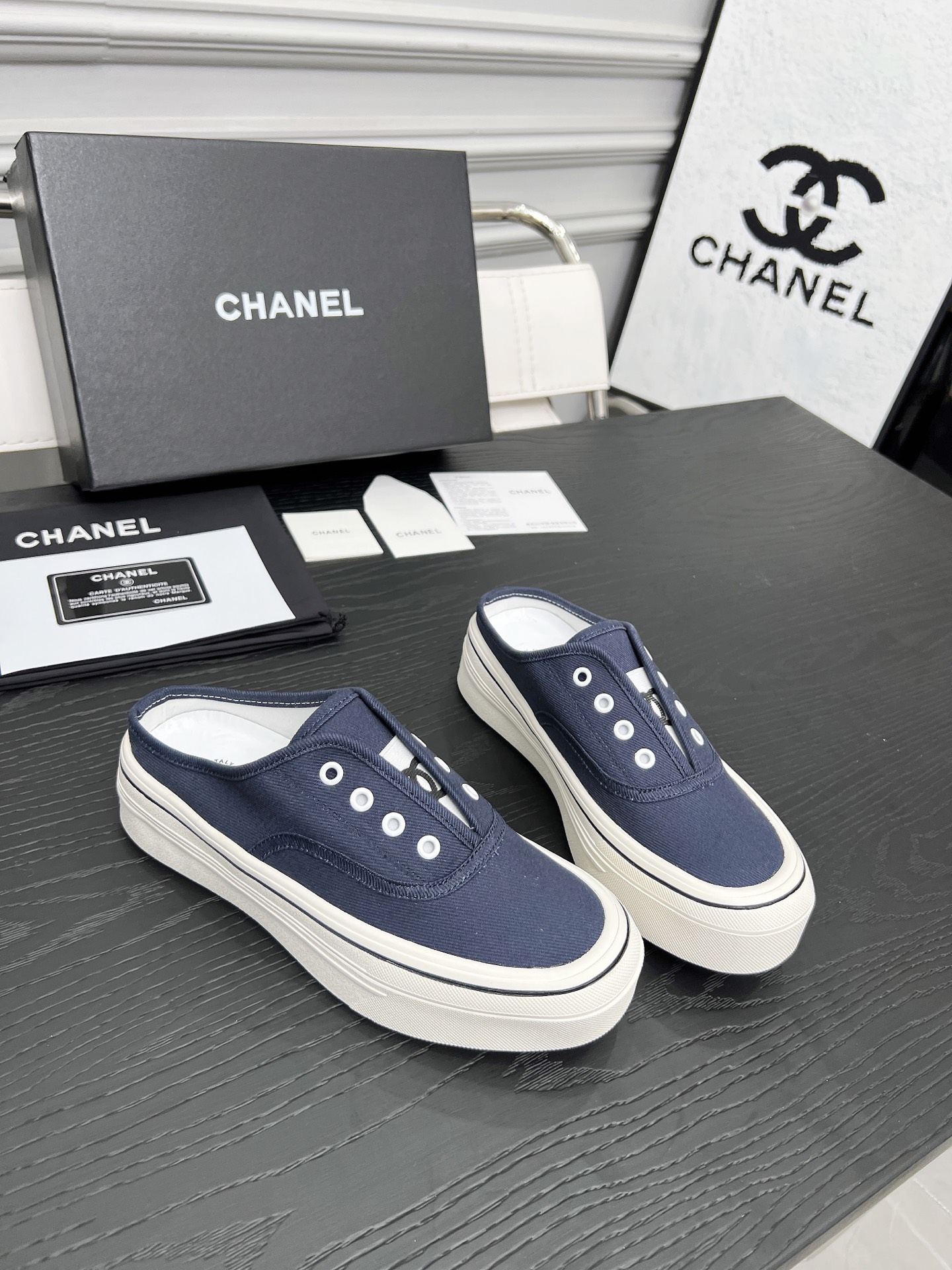 Chanel Women's Canvas Platform Mules, Navy Blue, Sizes 35-40 2 i1746325245921 7995 0 6