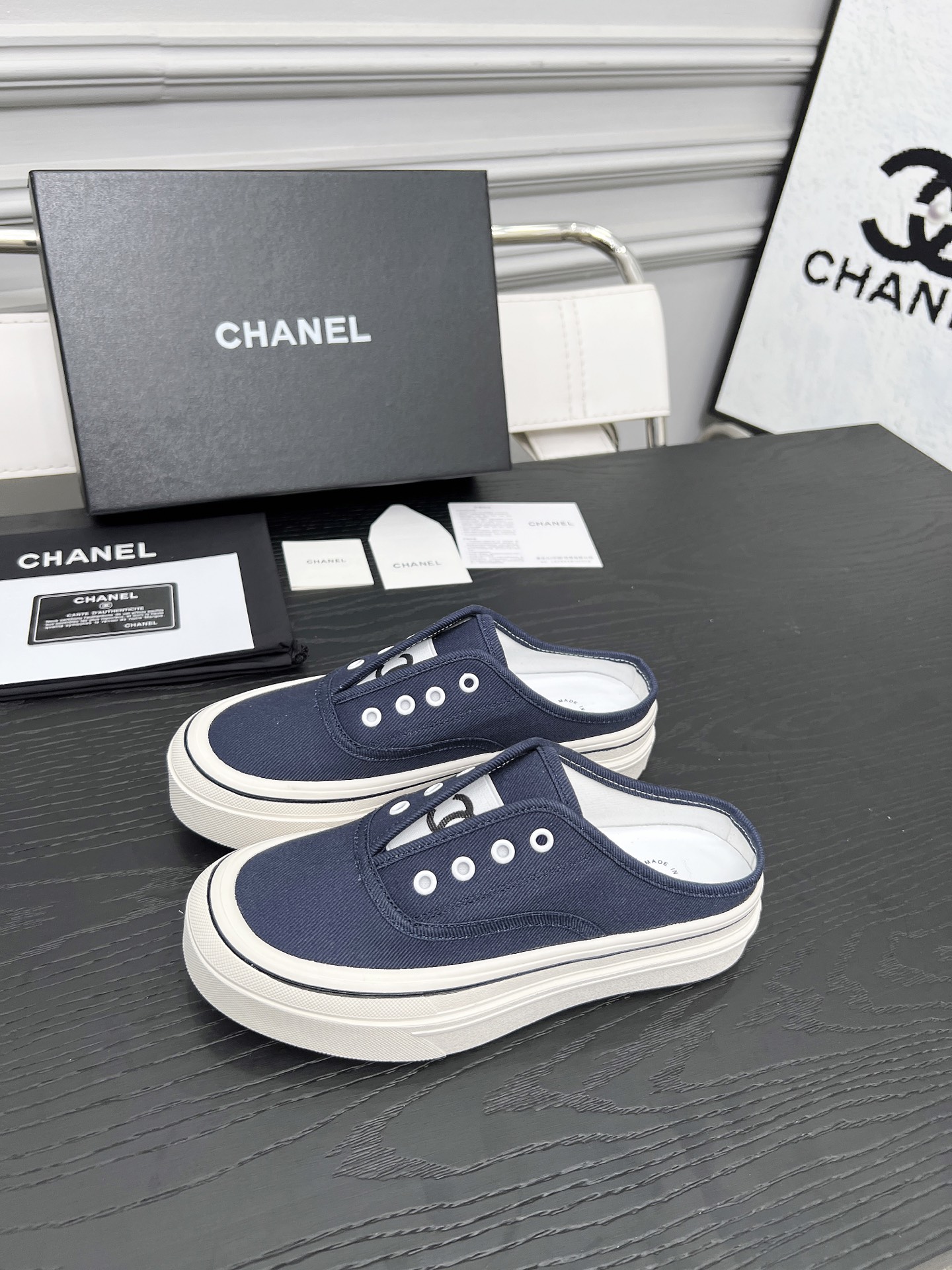 Chanel Women's Canvas Platform Mules, Navy Blue, Sizes 35-40 3 i1746325245929 7507 0 7