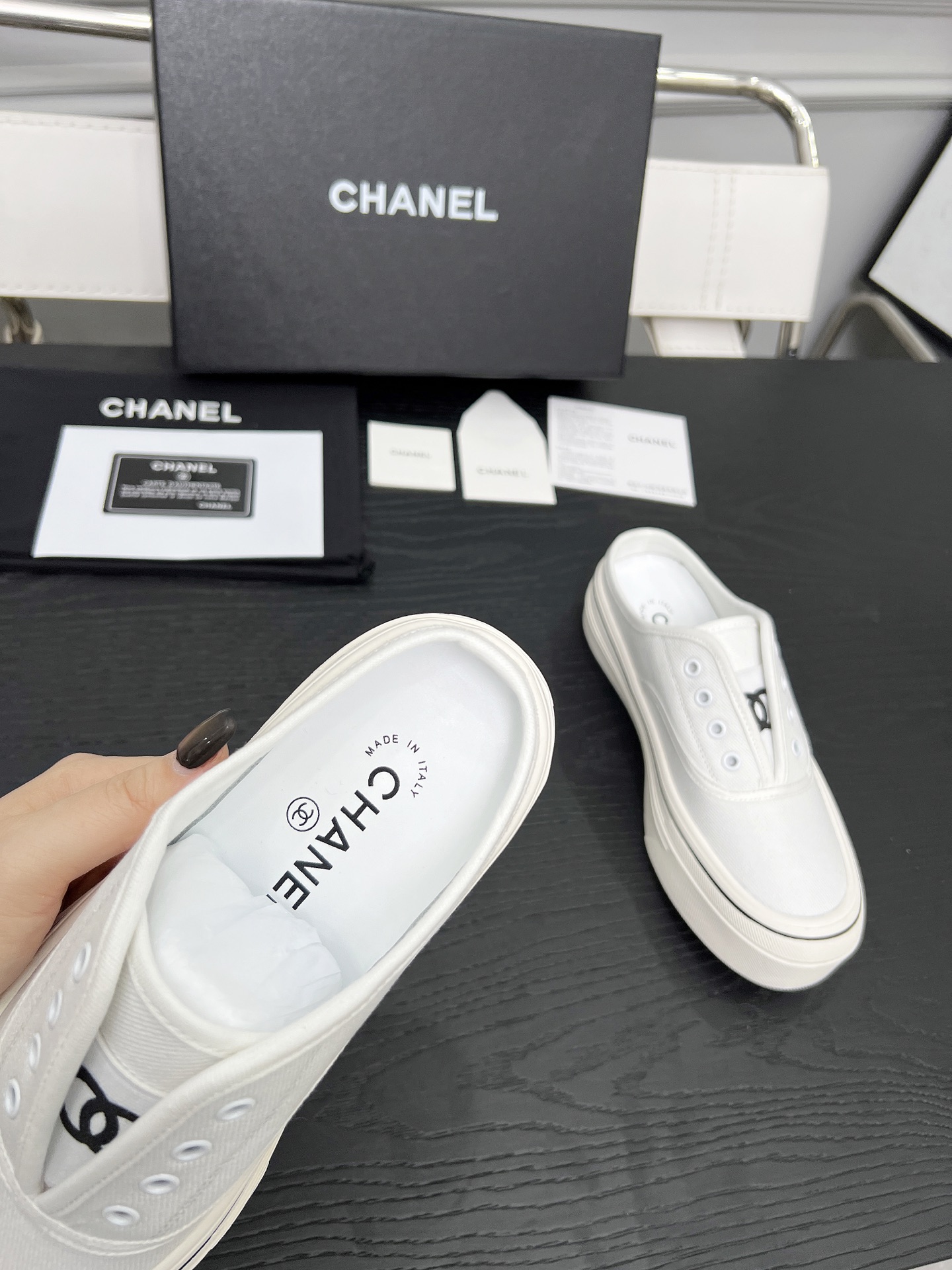 Chanel Women's White Canvas Platform Cookie Shoes Slip-Ons 9 i1746325285090 7213 0 4