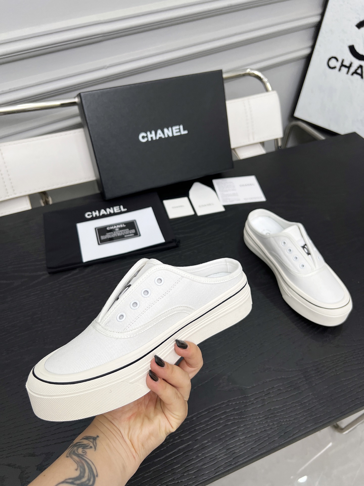 Chanel Women's White Canvas Platform Cookie Shoes Slip-Ons 4 i1746325285103 9923 0 1