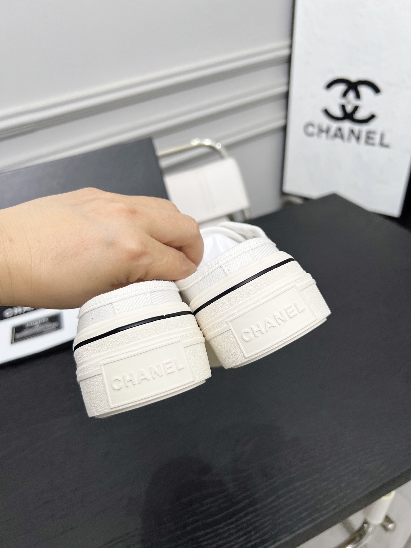 Chanel Women's White Canvas Platform Cookie Shoes Slip-Ons 8 i1746325285162 5825 0 3