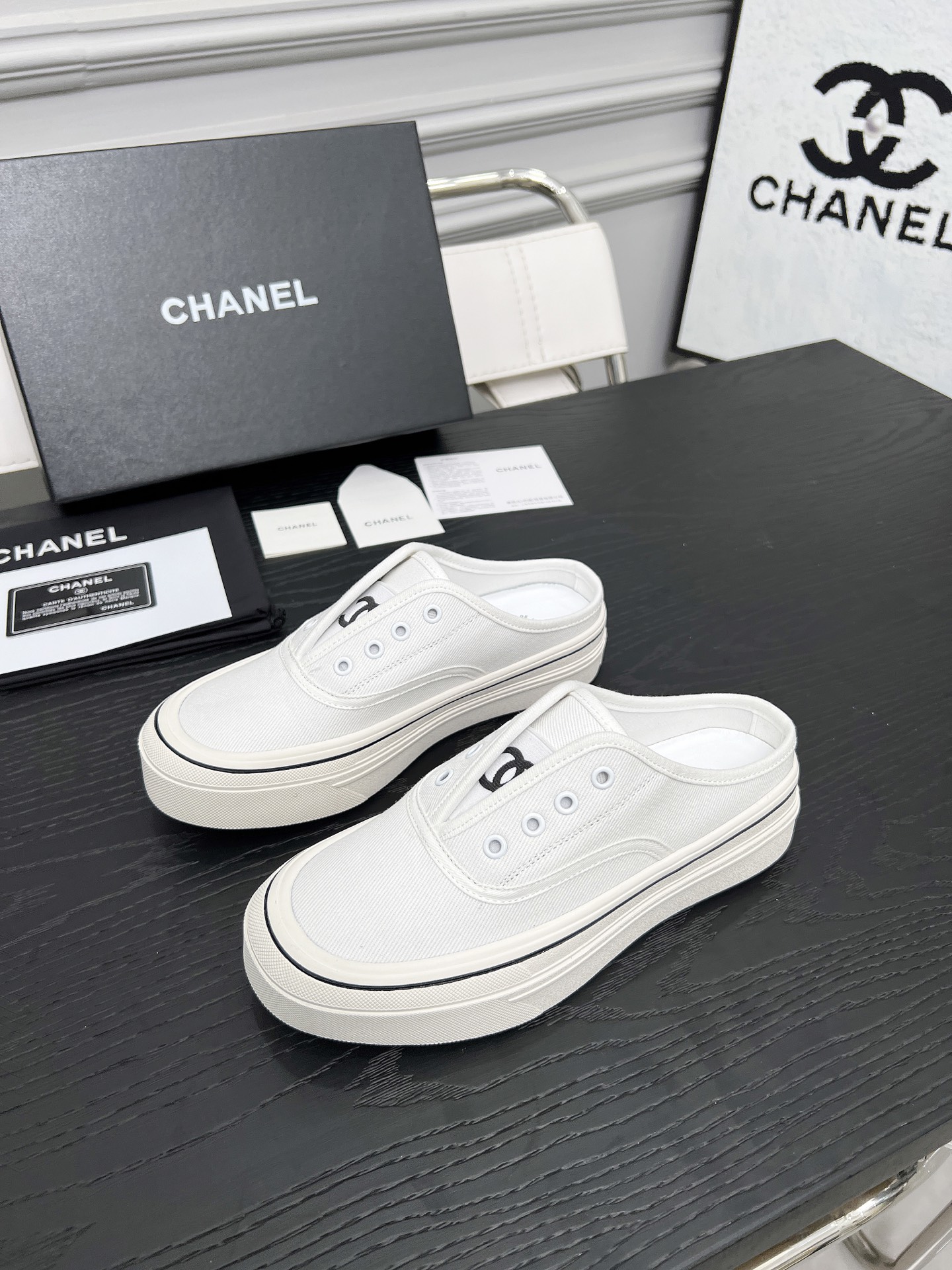 Chanel Women's White Canvas Platform Cookie Shoes Slip-Ons 3 i1746325287601 3569 0 8