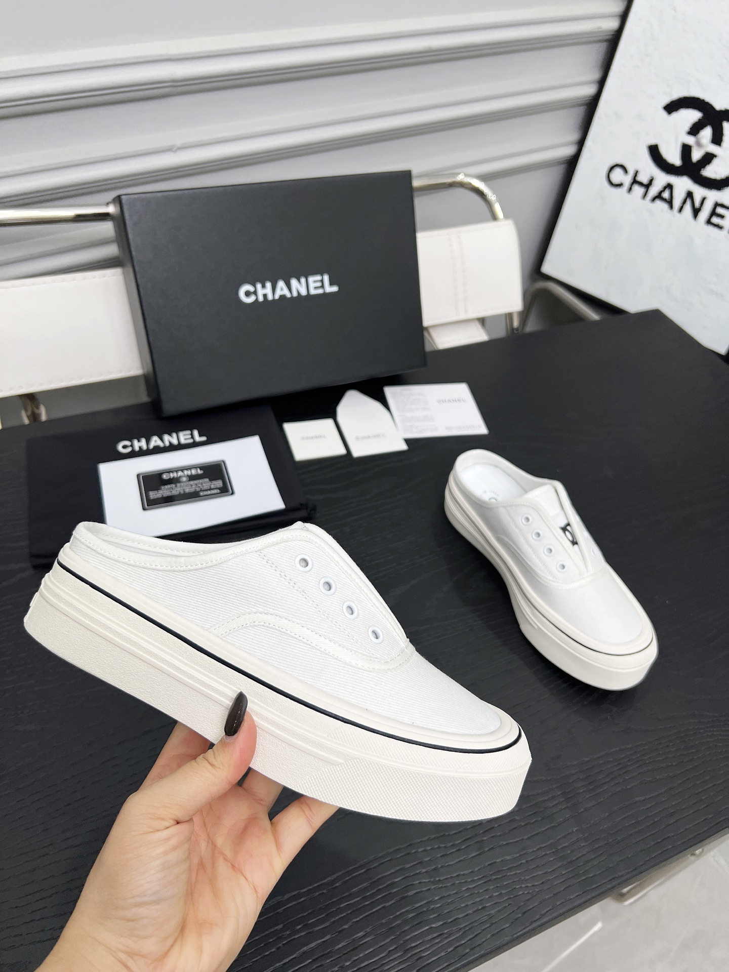 Chanel Women's White Canvas Platform Cookie Shoes Slip-Ons 7 i1746325287601 5369 0 2