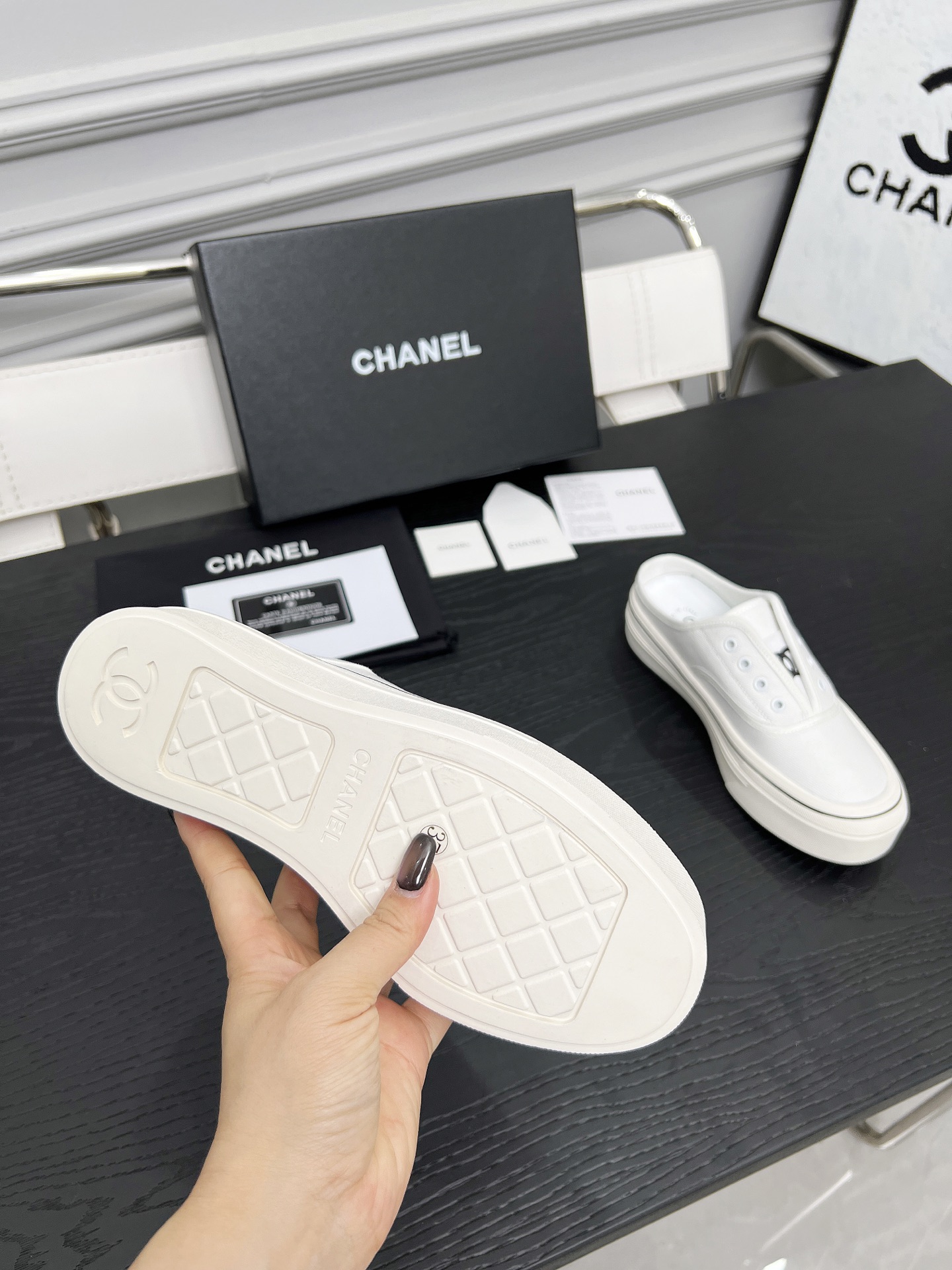 Chanel Women's White Canvas Platform Cookie Shoes Slip-Ons 6 i1746325287616 1146 0 0