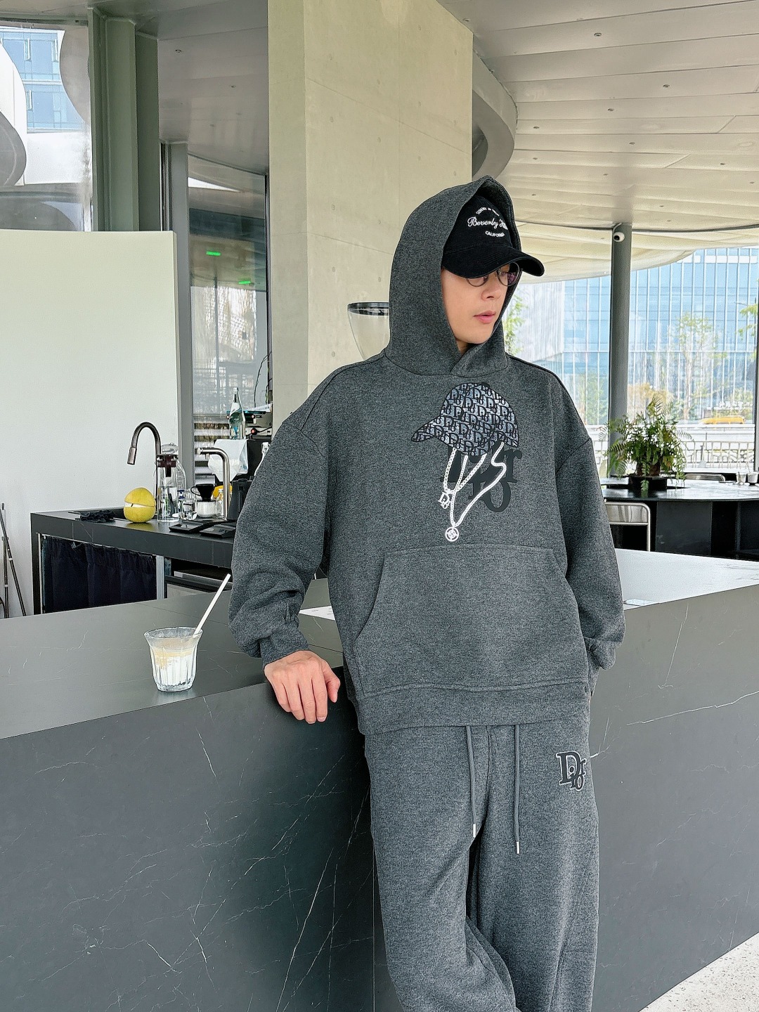 Dior Gray Floral Hoodie and Pants Set