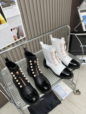 Replica Chanel Short Boots Beige Black White Cowhide Sheepskin Fashion