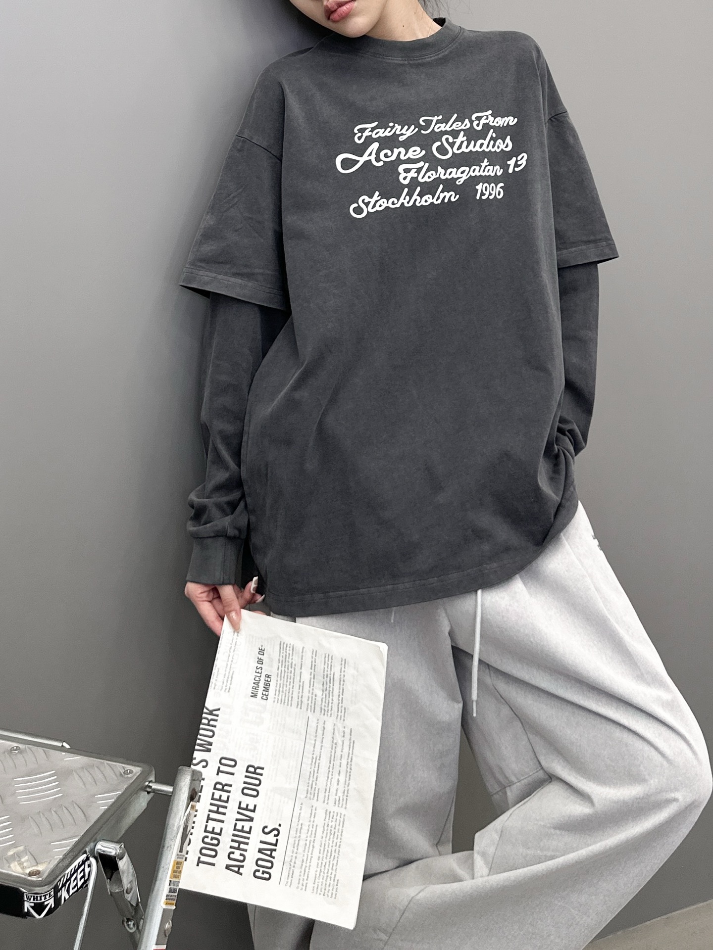 NO:487028,Acne｜ New long-sleeved t, ready-to-wear wash and stir-fry color and printing process, fake two-piece style, same style for men and women, size sml, acne studios, alexander wang19860909Acne ｜ 新款长袖t,成衣洗水炒色加印花工艺,假两件款式,男女同款,尺码sml,,acne studios,alexander wang,Women's clothing
