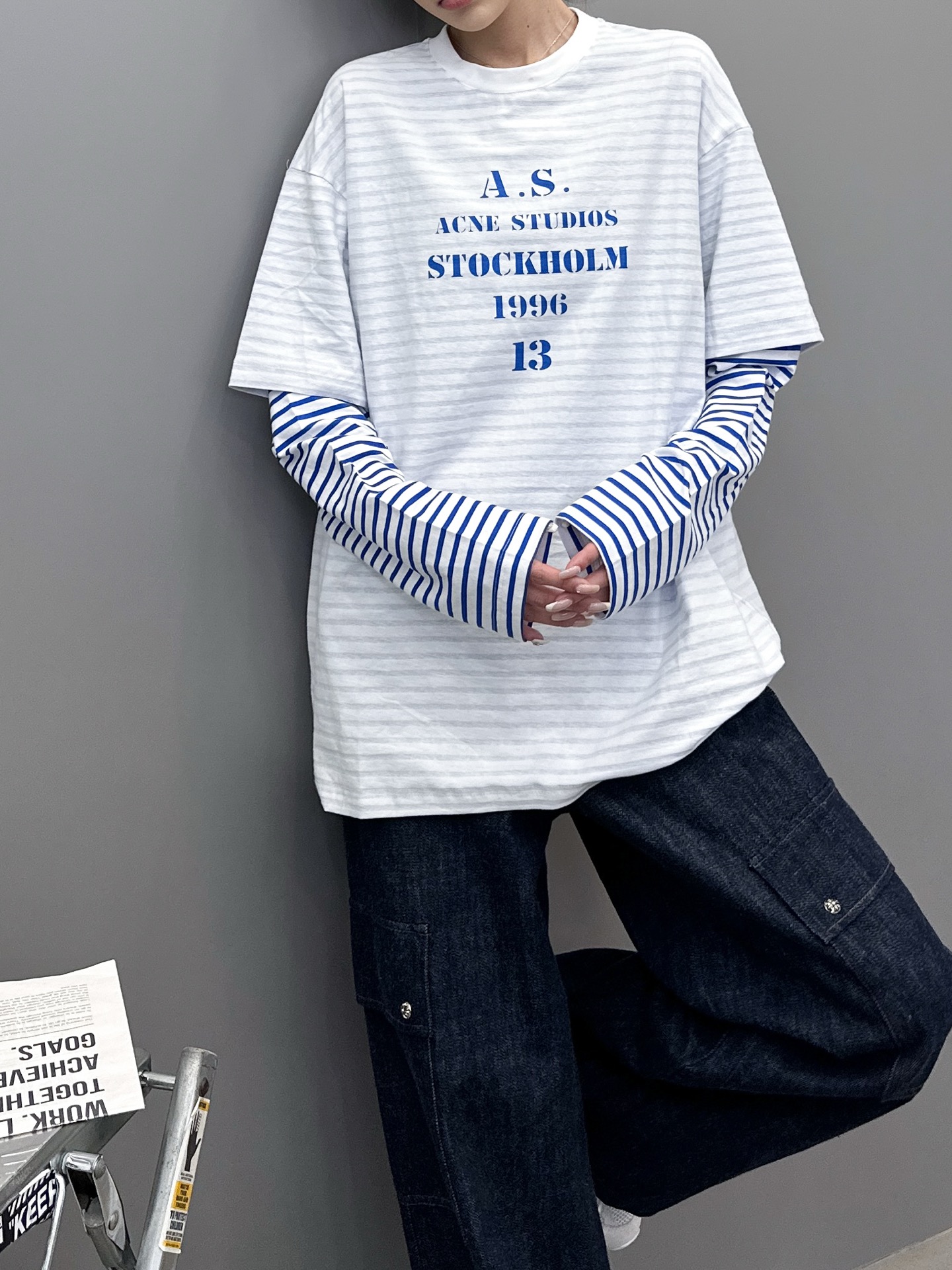 NO:502696,pl Acne｜ New fake two-piece long-sleeved t, laundry washing watermark, grey cloth striped printing technology, fake two-piece workmanship, same style for men and women, size sml, acne studios, alexander wang19860909pl Acne ｜ 新款假两件长袖t,成衣洗水印花,坯布条纹印花工艺,假两件做工,男女同款,尺码sml,,acne studios,alexander wang,Women's clothing