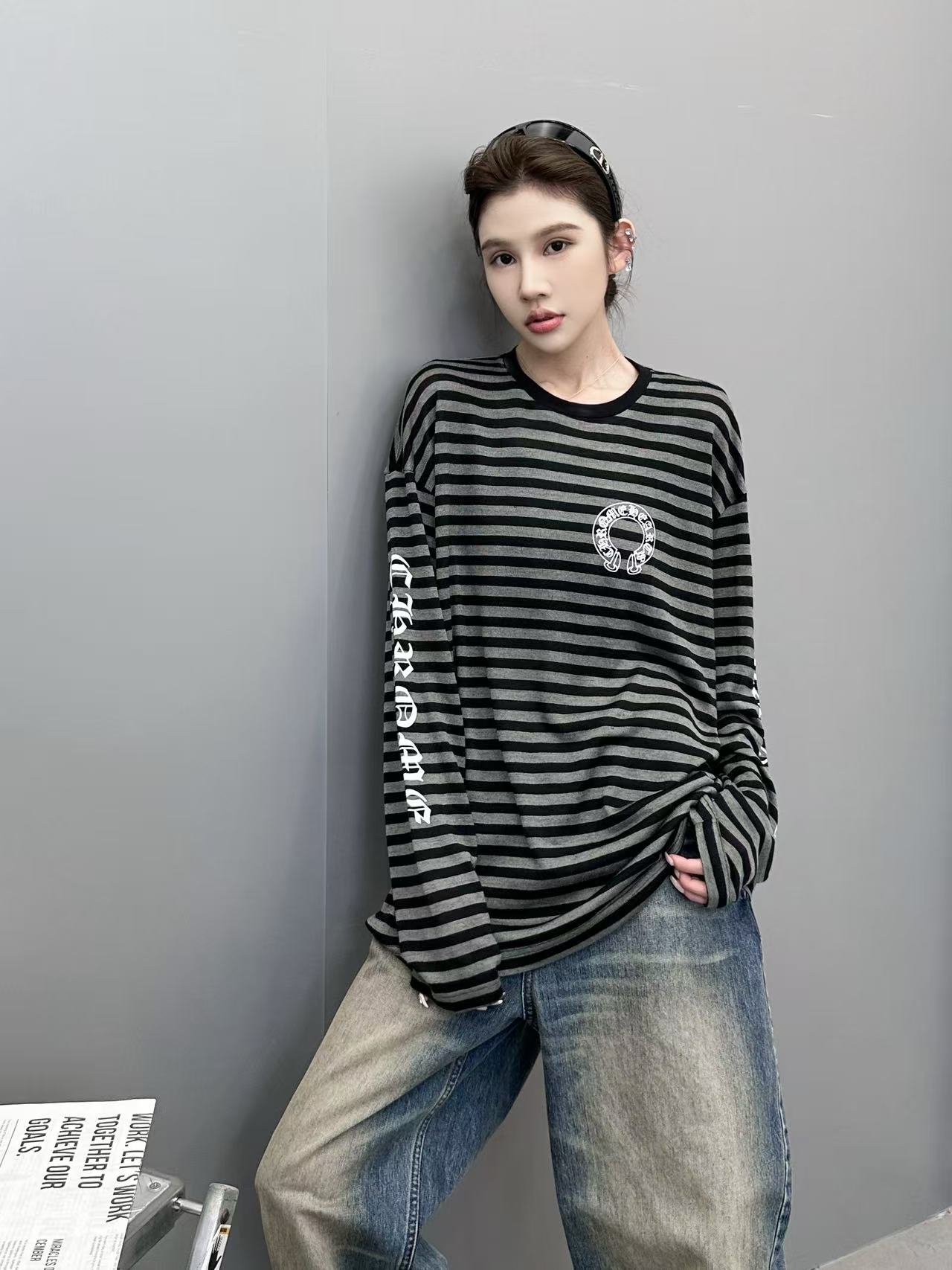 NO:502769,Croxin | New long-sleeved T-shirt, classic four-way printed logo, Japanese imported Tennis wool striped fabric, same style for men and women, size sml, chrome hearts, alexander wang19860909克罗心 ｜ 新款长袖t,经典四处印花标,日本进口天丝羊毛条纹面料,男女同款,尺码sml,,chrome hearts,alexander wang,Women's clothing
