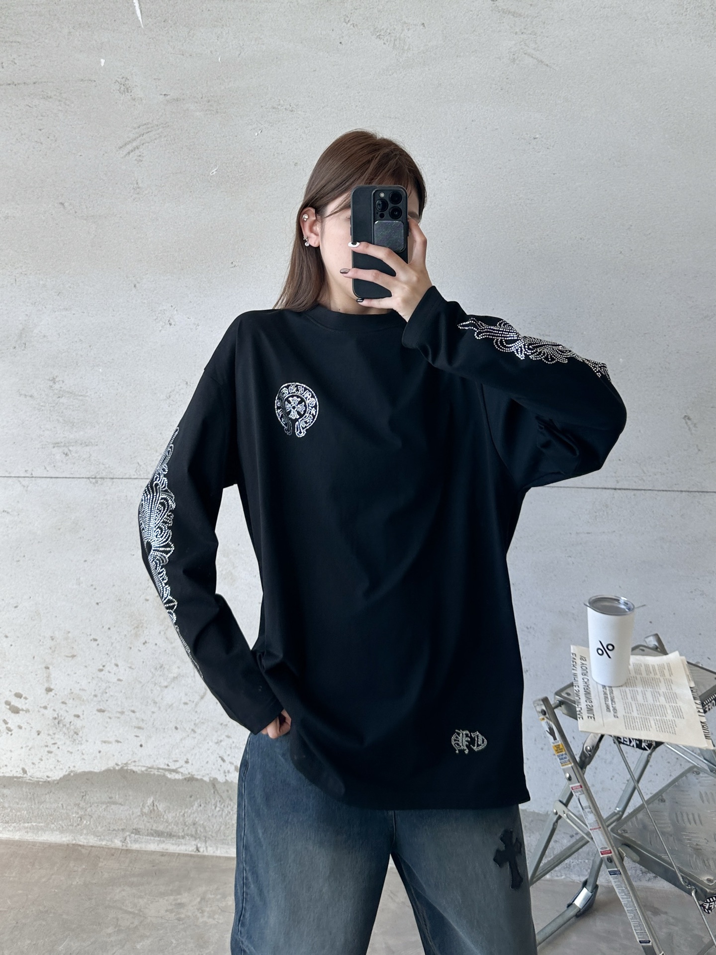 NO:591401,Chrome Hearts ｜ New long-sleeved t-shirt, ready-made garments washed with 5 hot diamond processing, casual and fashionable, size sml,, chrome hearts, alexander wang19860909克罗心 ｜ 新款长袖t,成衣洗水加5处烫钻工艺,休闲时尚,尺码sml,,chrome hearts,alexander wang,Women's clothing