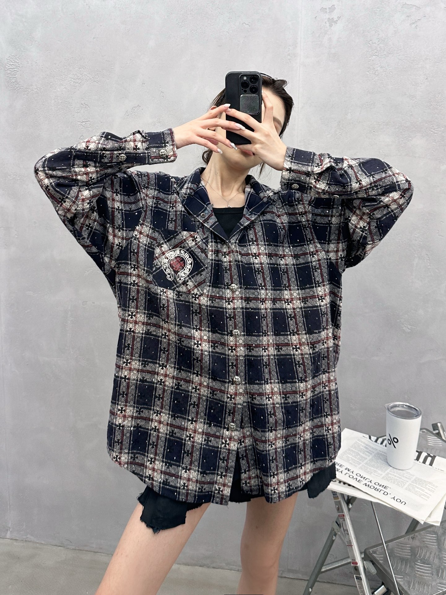 NO:729959,Chrome Hearts | New casual shirt, brand classic jacquard plaid cotton fabric, ready-to-wear full-body rhinestone processing, casual fashion, size sml,, chrome hearts,19860909克罗心 ｜ 新款休闲衬衣,品牌经典提花格子全棉面料,成衣全身烫钻工艺,休闲时尚,尺码sml,,chrome hearts,,Women's clothing