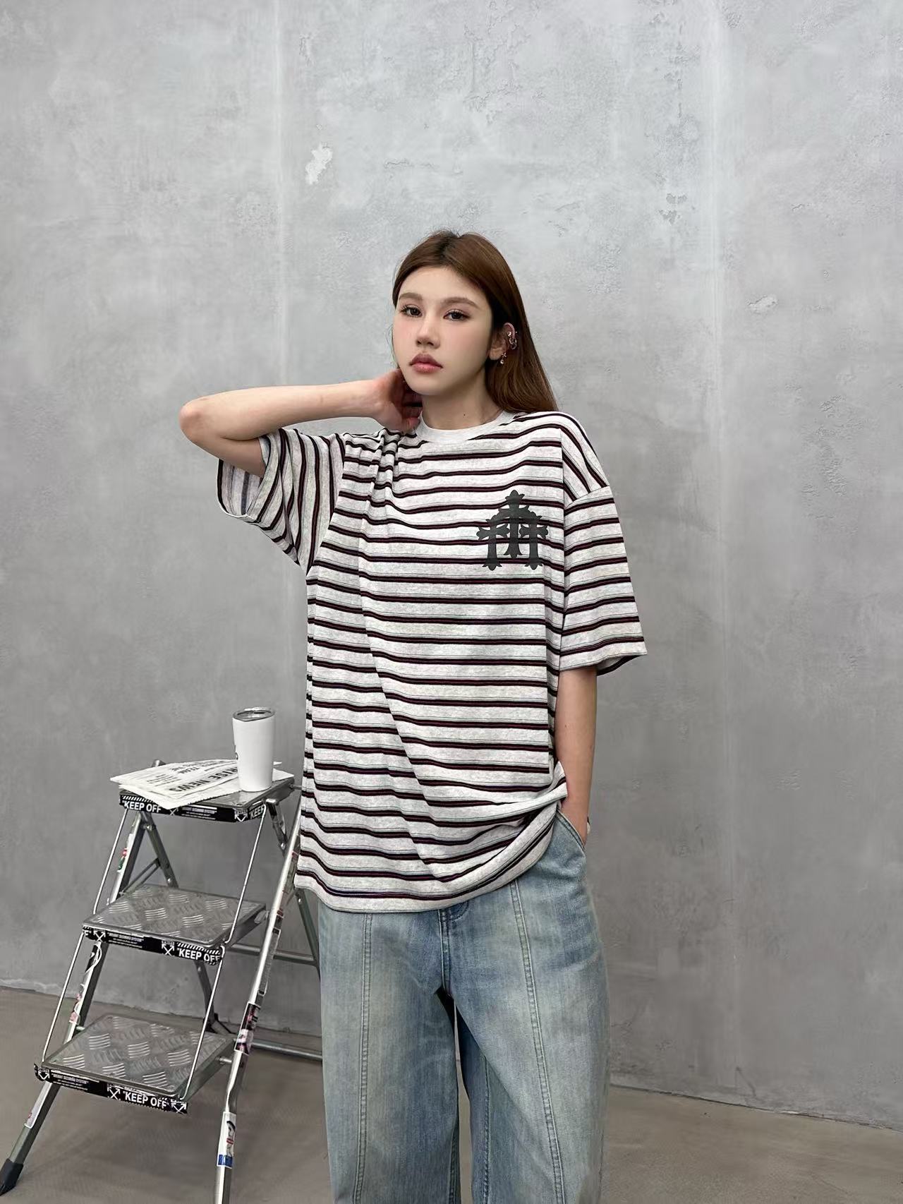 NO:748738,Chrome Hearts ｜ New short-sleeved T-shirt, ready-to-wear washed and front and back printing process, classic yarn-dyed striped fabric, casual and fashionable, same style for men and women, size sml,, chrome hearts, T-shirt,19860909克罗心 ｜ 新款短袖t,成衣洗水加前后印花工艺,经典色织条纹面料,休闲时尚,男女同款,尺码sml,,chrome hearts,T-shirt,,Women's clothing