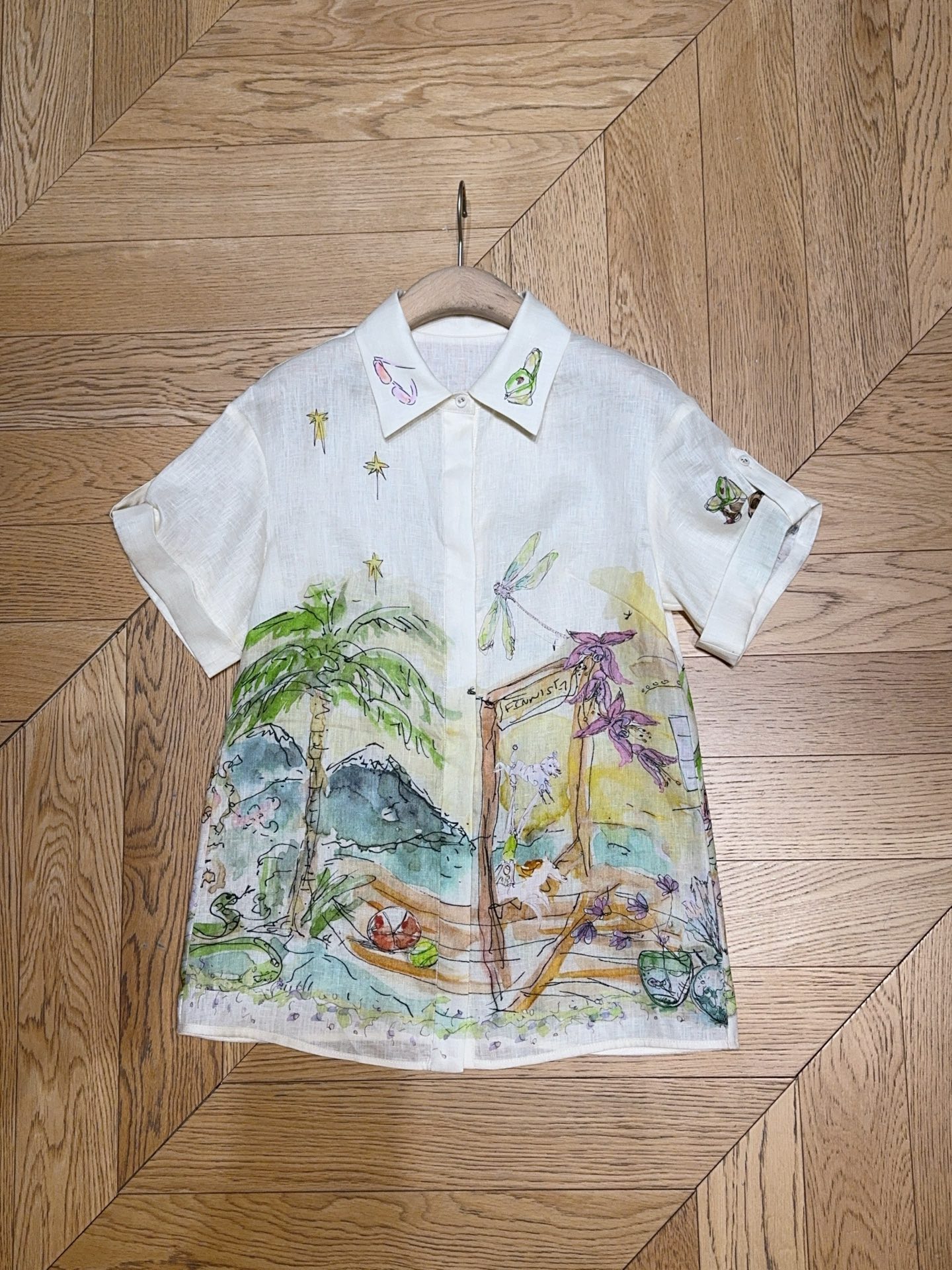 ALEMAI*S新品推荐🆕……印花宽松短袖衬衫上衣，亚麻面料制成，棕榈树舒展、蜻蜓停驻，还有星星与花朵点