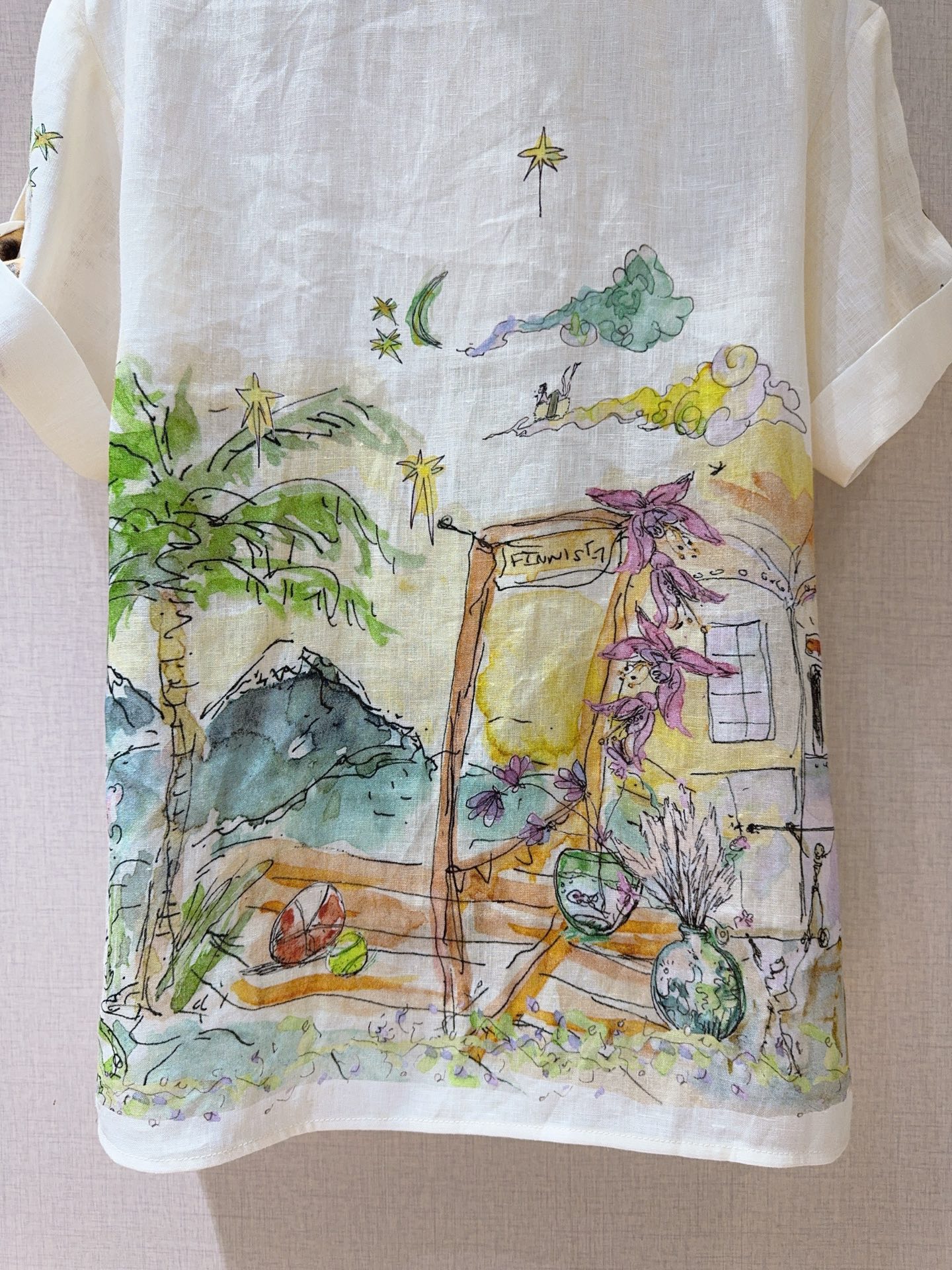 ALEMAI*S新品推荐🆕……印花宽松短袖衬衫上衣，亚麻面料制成，棕榈树舒展、蜻蜓停驻，还有星星与花朵点