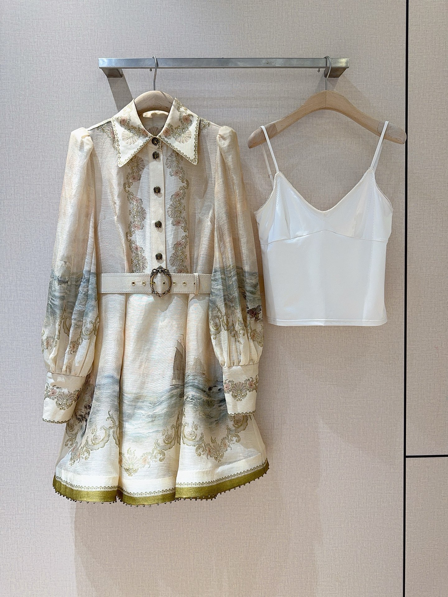 Z*I*M*M Mini Dress Silk Linen Blend, Nautical Print, Lantern Sleeves – Elegant