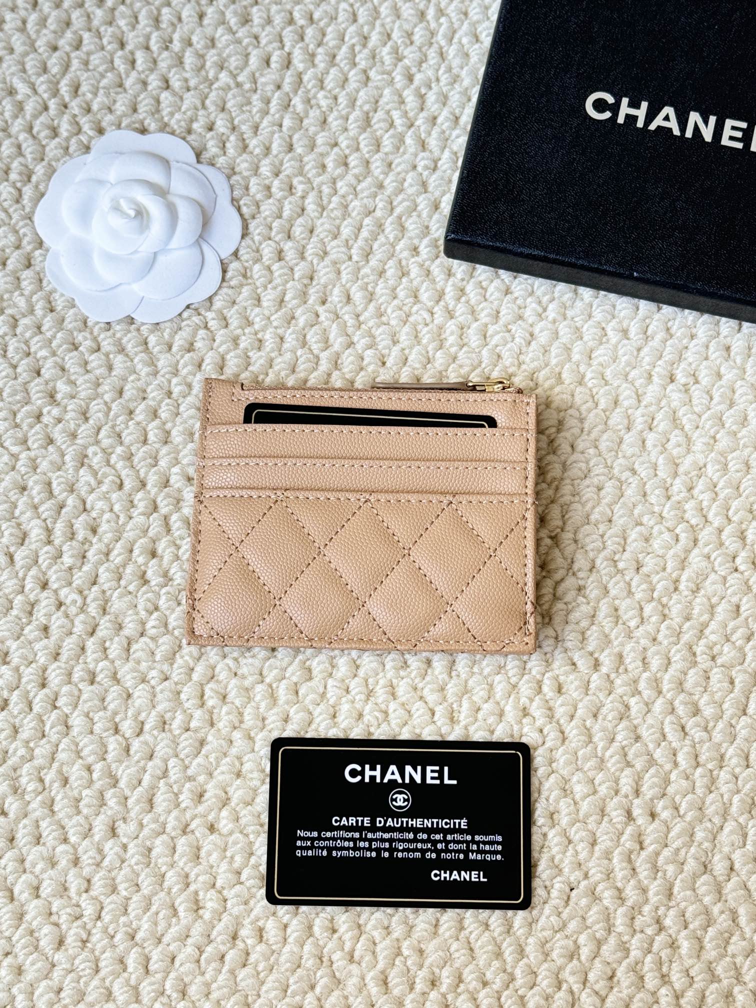 Chanel Classic Quilted Caviar Zip Card Holder card holder Beige caviar leather with gold-tone metal hardware 11cm x 8cm