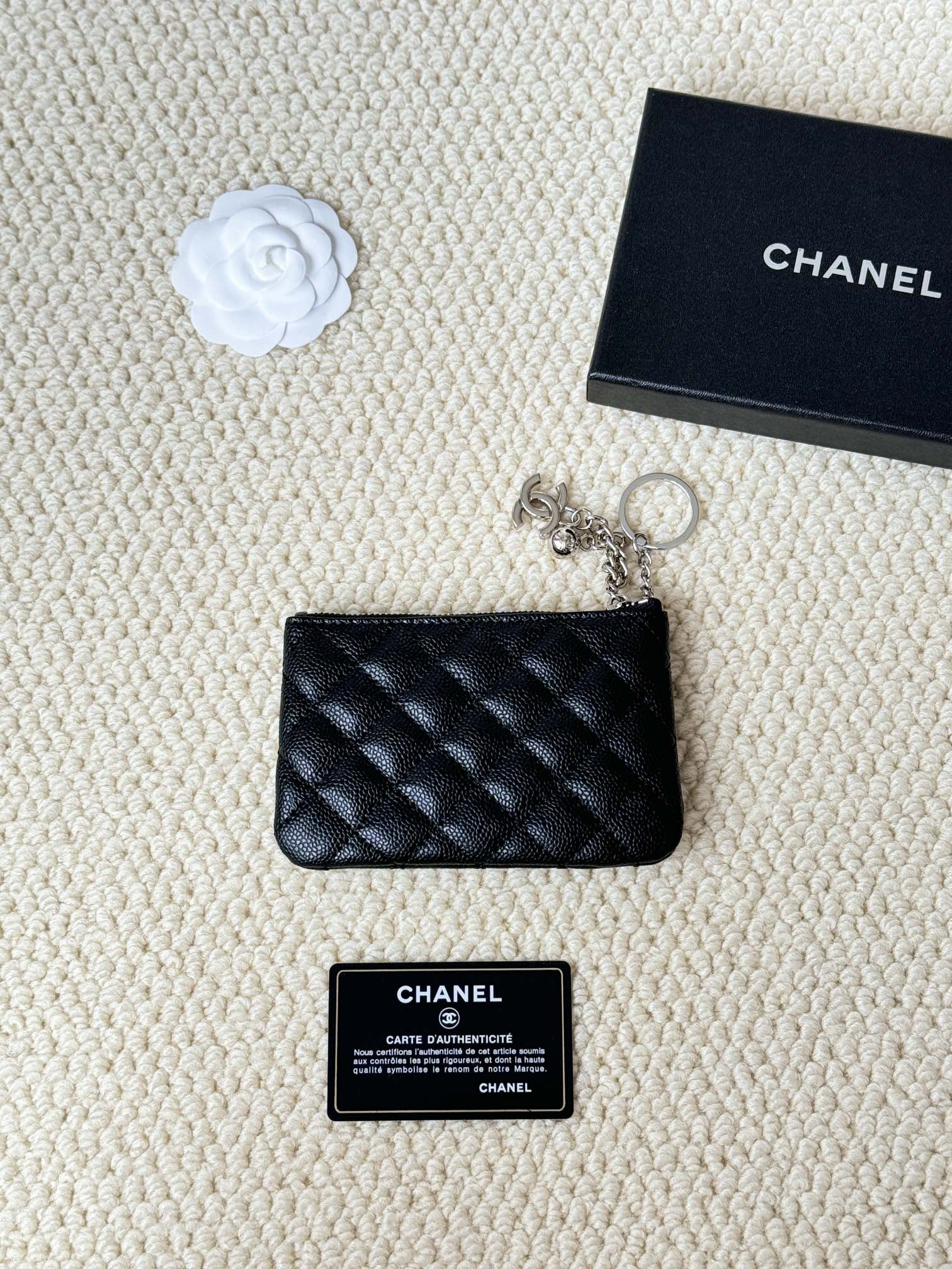 Chanel Classic Quilted Caviar Key Holder Pouch pendant Black grained caviar leather with silver-tone metal hardware Key ring diameter 2 5cm pouch length 12cm