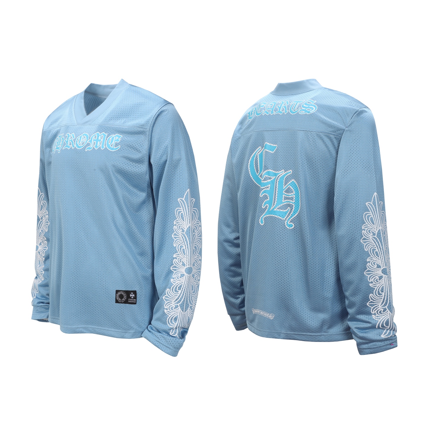 Chrome Hearts Maillot manches longues bleu ciel avec motif floral blanc