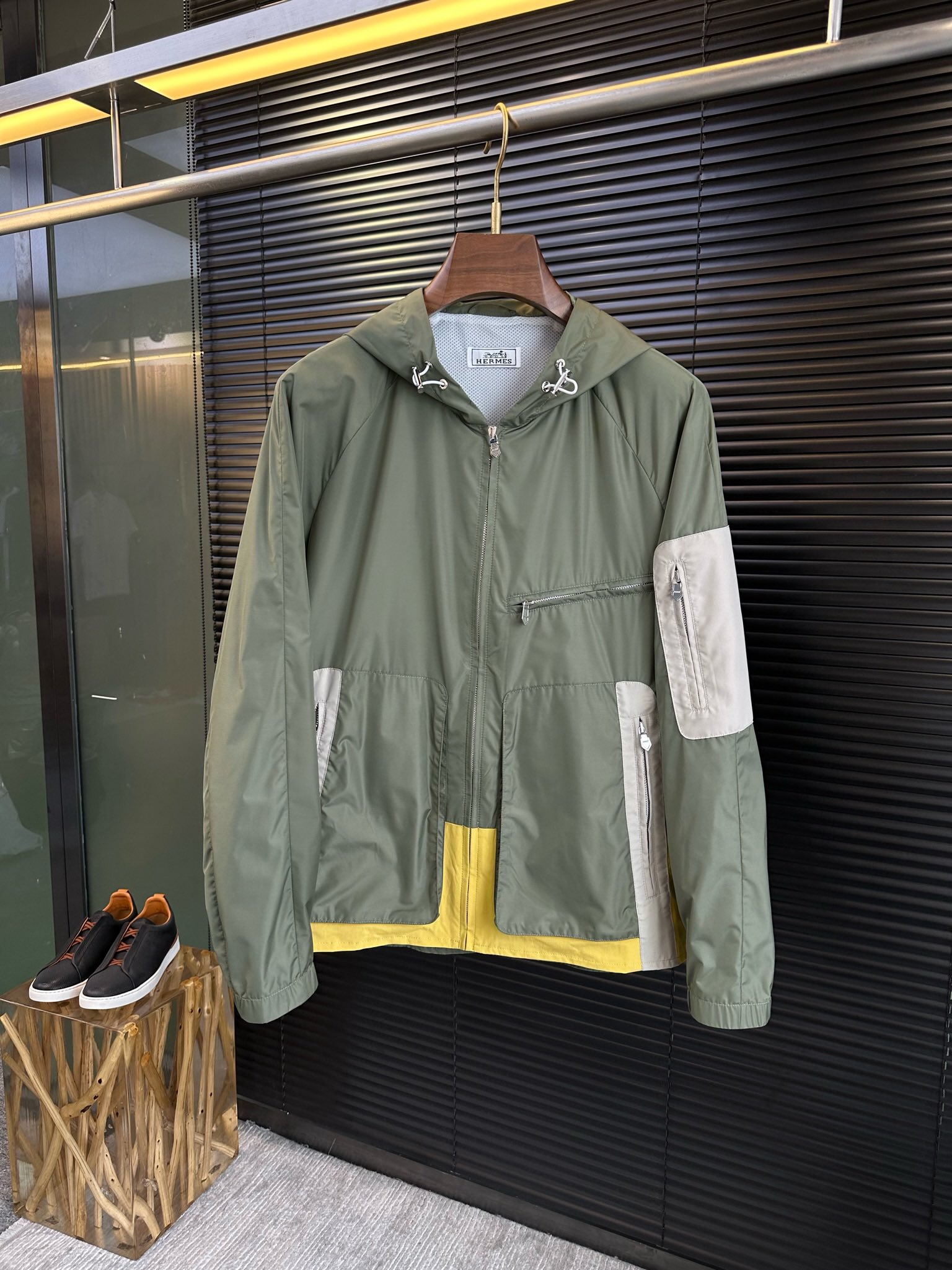 Hermes Clothing Coats & Jackets Black Green Splicing Gauze Fashion Hooded Top