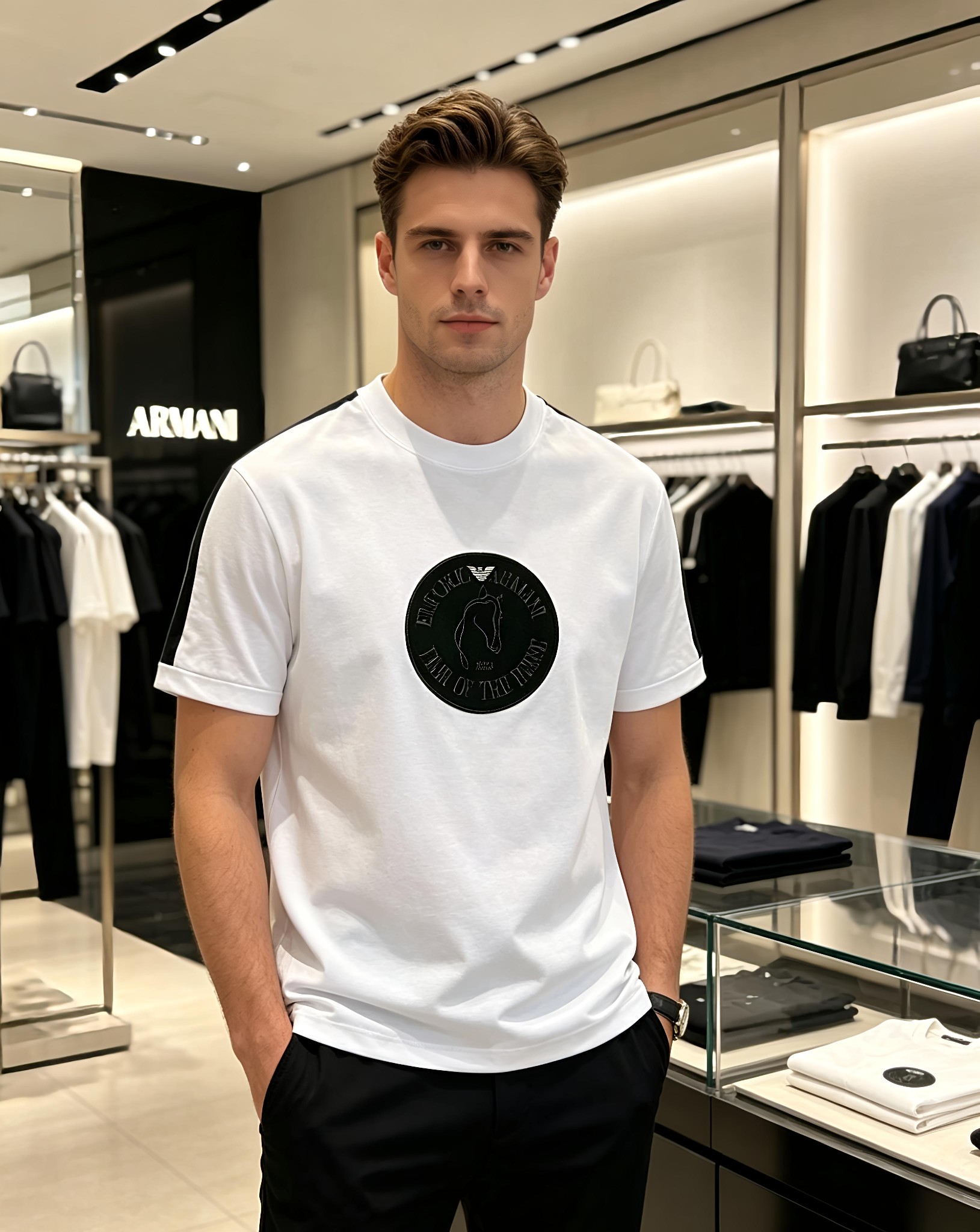 NO:910977,'Armani' VIP advanced customization!  2026 spring and summer new short-sleeved. This T-shirt is a new product in the summer men's wear series. It is carefully made of imported fabrics with mercerized technology and has a heavy three-dimensional logo to add a casual style. Size M-3XL Recommended reference M120 catties or less (including 120 catties) L121-140 catties XL141-160 catties 2XL161-180 catties  3XL181—200 pounds,,armani,armani,T-shirt,tees,t-shirt,19860909《阿玛尼 Armani》VIP高级定制！ 2026春夏季新款短袖.这款T恤是夏季男装系列新品,采用丝光工艺进口面料精心制作,重工立体Logo,增添休闲风范.码数 M-3XL 推荐参考 M120斤以内（含120斤） L121—140斤 XL141—160斤 2XL161—180斤 3XL181—200斤,,armani,armani,T-shirt,tees，t-shirt,,Men's clothing