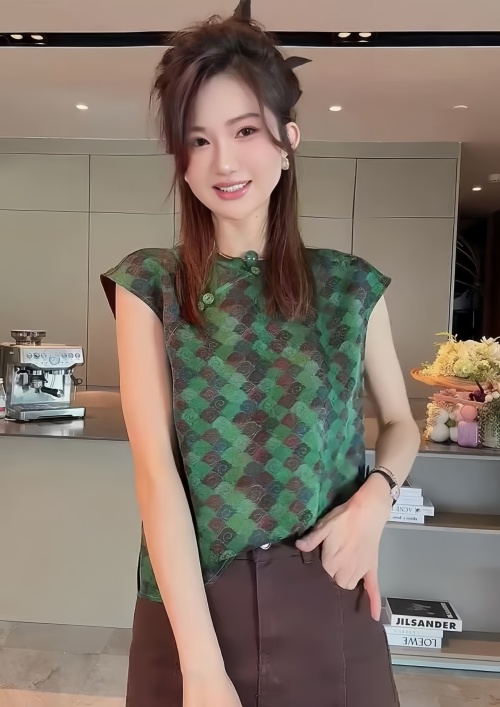 Elegant Chinese Style Top with Geometric Pattern and Mandarin Collar 1 Elegant Chinese Style Top with Geometric Pattern and Mandarin Collar