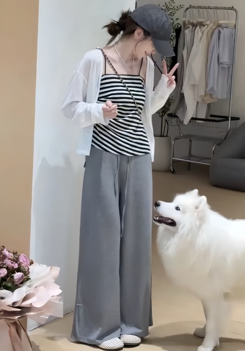 Women's Striped Cami Set - Casual 3-Piece Outfit with Cardigan and Wide Leg Pants 1 Women's Striped Cami Set - Casual 3-Piece Outfit with Cardigan and Wide Leg Pants