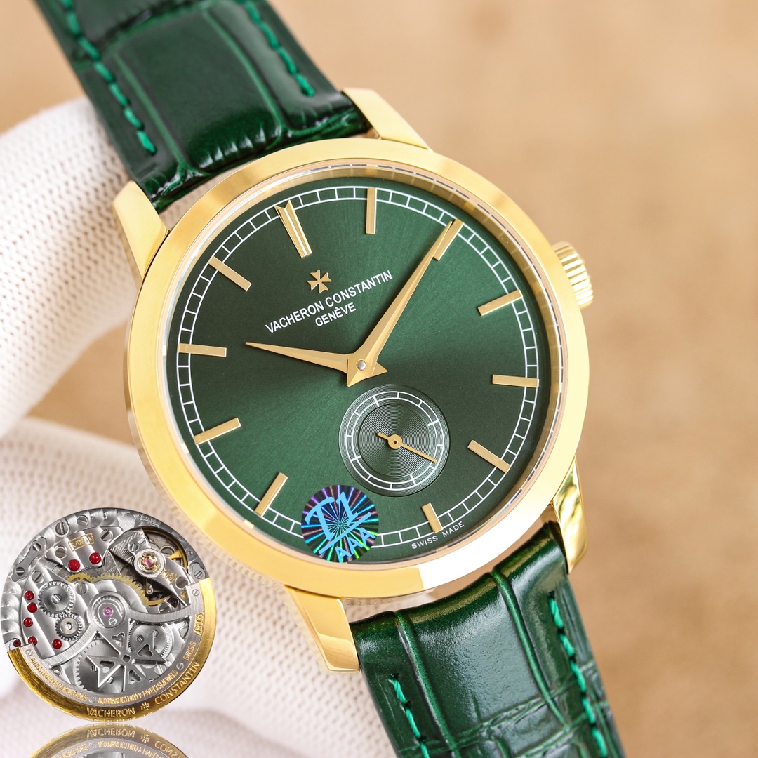 Vacheron Constantin Men's Watch, Green Dial, Gold Case, Leather Band - Elegant Timepiece