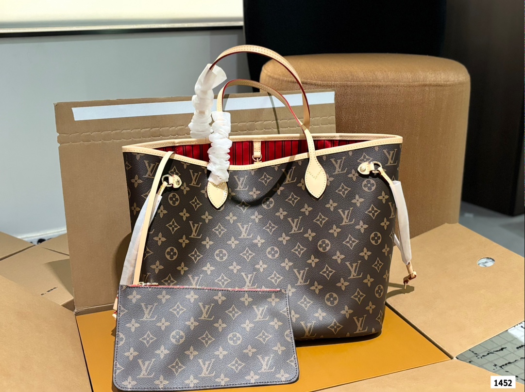 לואי ויטון LV Neverfull תיקים תיקי יד תיקי טוט ורוד לבן Damier Azur