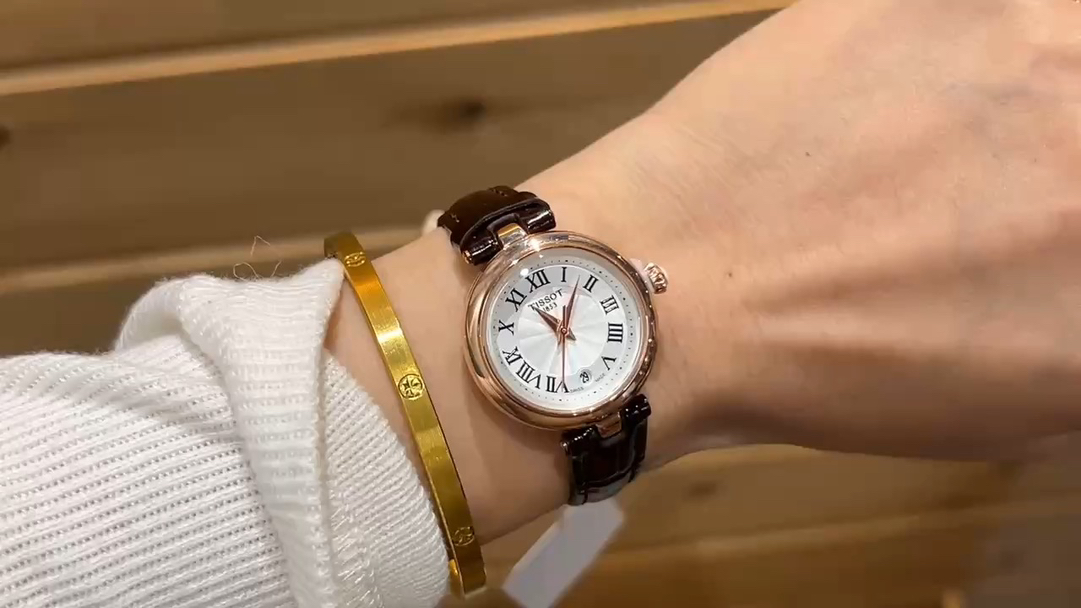 Tissot Lovel Bracelet Watch, Leather Strap, White Dial, Rose Gold Case