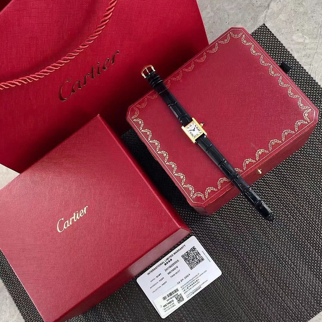 Cartier Tank Mini Horloge - WGTA0212 - Elegant Dameshorloge met Zwarte Leren Band