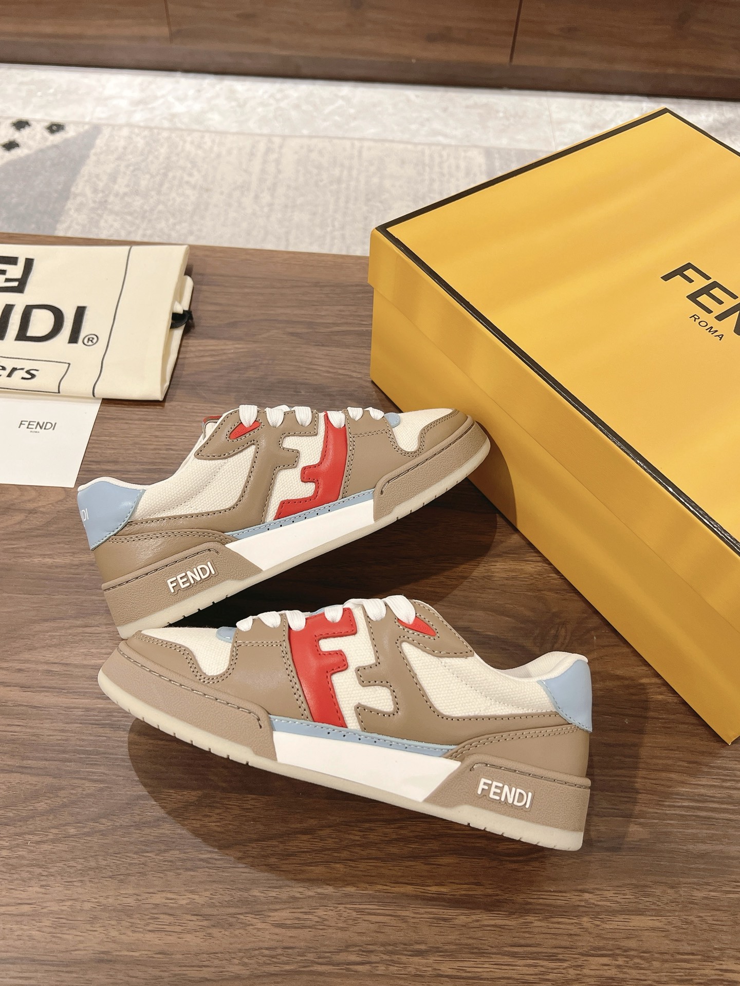Fendi Beige and Red Logo Sneakers