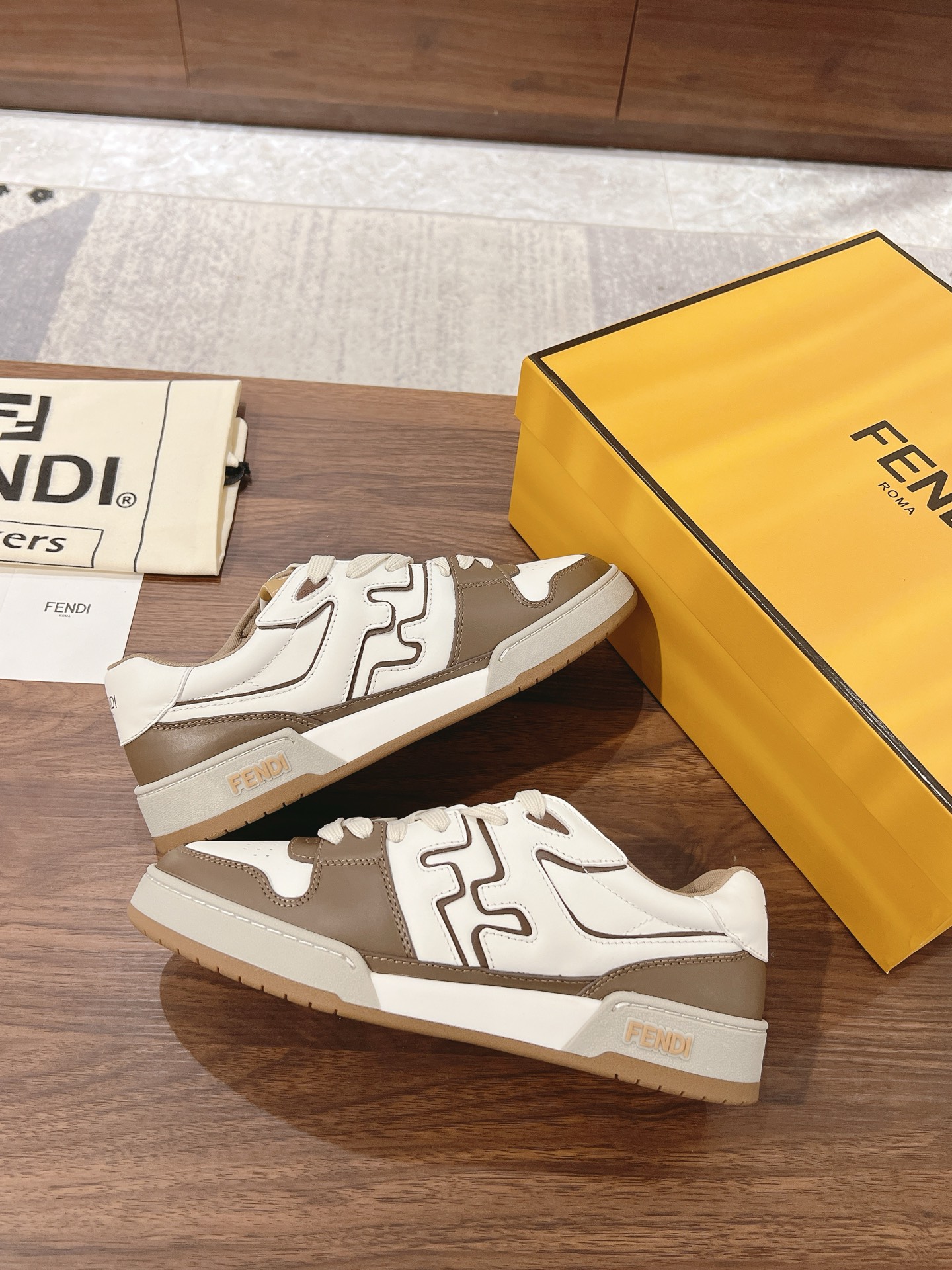 Fendi White and Brown Logo Sneakers