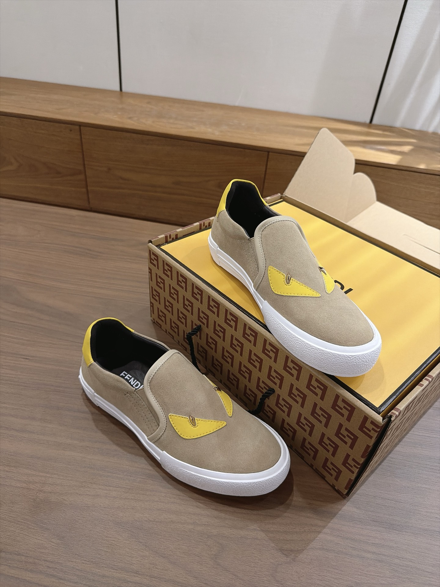 Fendi Beige Monster Eye Slip On Sneakers