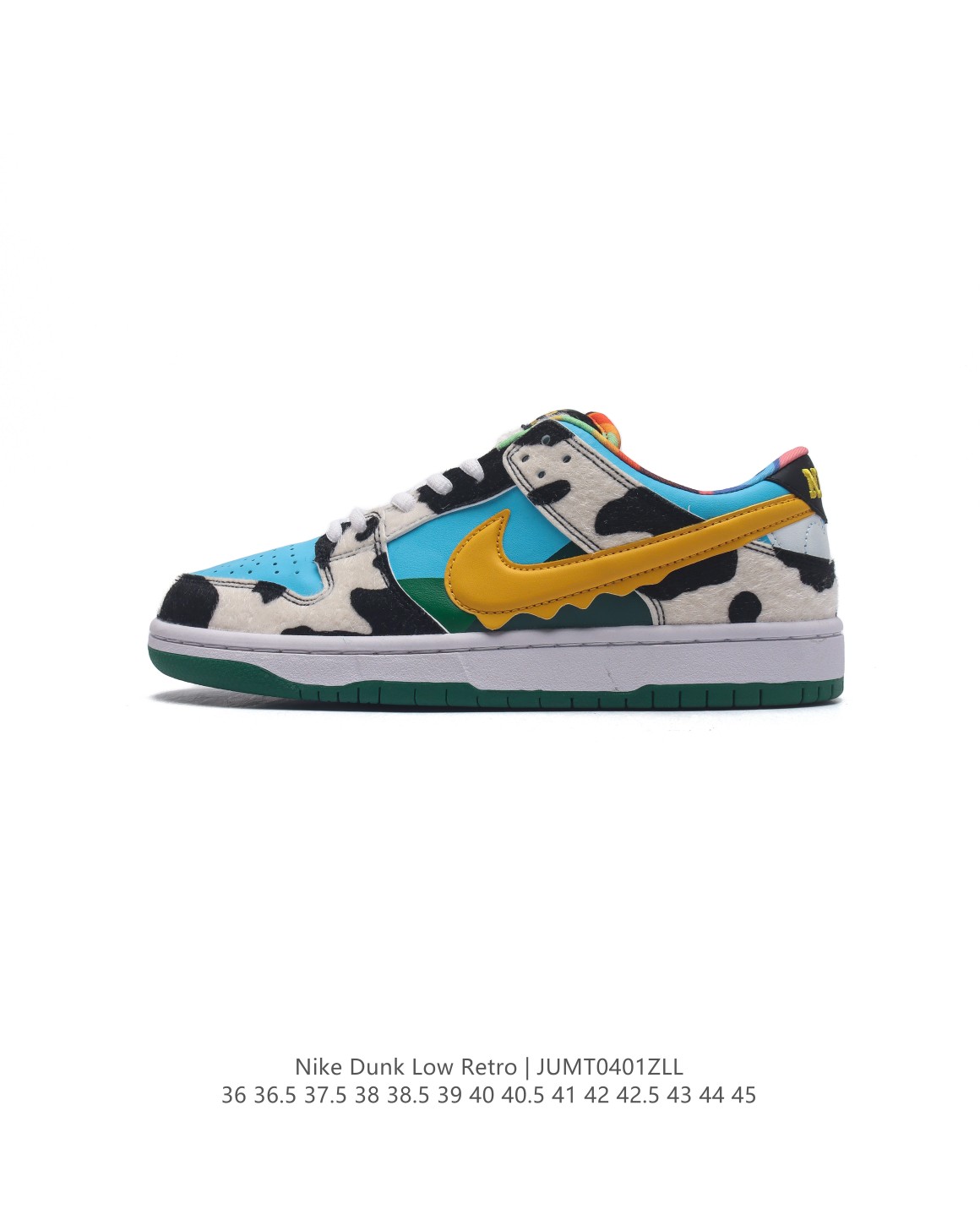 💰85
耐克 Nike SB Dunk Low Pro 男/女滑板鞋 经典复古运动鞋 奶牛🐄配色。采用低帮设计，塑就经典 Dunk 风格。鞋垫后跟搭载 Zoom Air 气垫，加衬鞋舌带来舒适的畅滑体验。鞋垫后跟搭载 Zoom Air 气垫，缔造出色的回弹缓震性能，加衬鞋舌为足背带来舒适感受，圆形底纹，铸就多向抓地表现，橡胶外底结合全包缝制设计，柔韧耐穿。

类型：男女鞋
货号：CU3244
尺码：36-45含半码
编码：JUMT0401ZLL