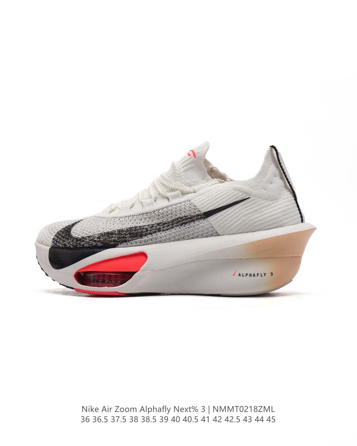 💰210
公司级 耐克 Nike Air Zoom Alphafly NEXT% 3代 马拉松三代 原标原盒真碳纤维 真Zoom X 气垫‼正确版型！鞋面采用更轻质更透气的 Atomknit 材质打造 外侧的大歪勾和前低后高的鞋帮都带来更强的速度感！鞋底前掌加入两块 Zoom 气垫，搭配 ZoomX 带来更加强烈的回弹性。空气动力学造型则依然保留。前掌采用镂空设计，让鞋底的碳板配置得以可视化 造型更具未来感。

类型：男女鞋
货号：FD8311-103
码数：36 36.5 37.5 38 38.5 39 40 40.5 41 42 42.5 43 44 45
编码：NMMT0218ZML