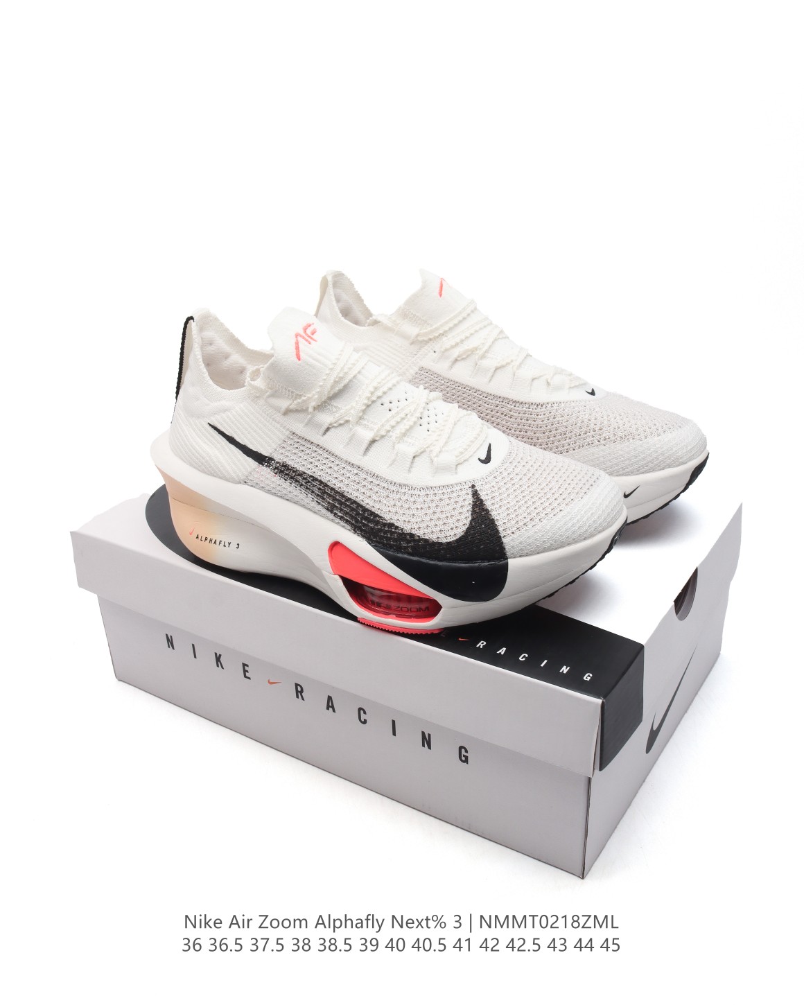 💰210
公司级 耐克 Nike Air Zoom Alphafly NEXT% 3代 马拉松三代 原标原盒真碳纤维 真Zoom X 气垫‼正确版型！鞋面采用更轻质更透气的 Atomknit 材质打造 外侧的大歪勾和前低后高的鞋帮都带来更强的速度感！鞋底前掌加入两块 Zoom 气垫，搭配 ZoomX 带来更加强烈的回弹性。空气动力学造型则依然保留。前掌采用镂空设计，让鞋底的碳板配置得以可视化 造型更具未来感。

类型：男女鞋
货号：FD8311-103
码数：36 36.5 37.5 38 38.5 39 40 40.5 41 42 42.5 43 44 45
编码：NMMT0218ZML