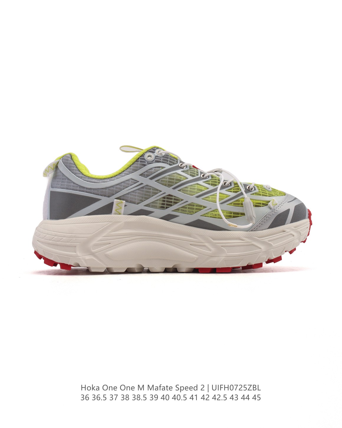 💰190
【公司级】玛法特二代 HOKA ONE ONE Mafate Speed 2 Low 轻量低帮户外越野跑鞋 户外山脉越野轻量运动跑鞋。鞋面用轻的无缝架构，鞋带用了弹性不易松脱的扁宽弹性鞋带，轻薄的TPU贴在透气的鞋面上。以阿尔卑斯山脉为主将亮色与蓝色调覆盖在这轮廓之上，前掌与中掌部分进行加宽，橡胶大底，EVA缓震鞋底用滚动平衡技术引导跑者自然步态。

类型：男女鞋
尺码：36-45含半码
编码：UIFH0725ZBL