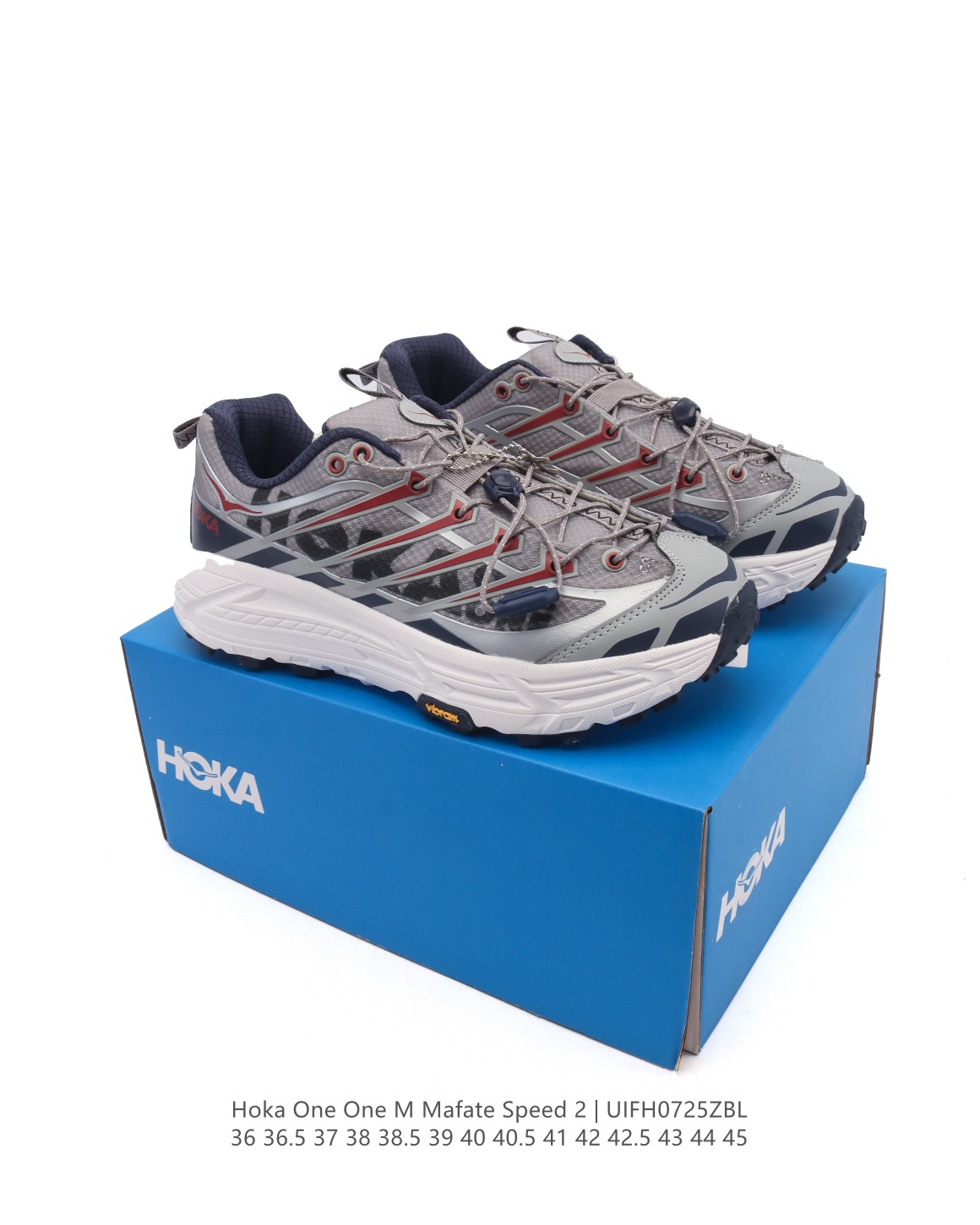 🈴💰190
【公司级】玛法特二代 HOKA ONE ONE Mafate Speed 2 Low 轻量低帮户外越野跑鞋 户外山脉越野轻量运动跑鞋。鞋面用轻的无缝架构，鞋带用了弹性不易松脱的扁宽弹性鞋带，轻薄的TPU贴在透气的鞋面上。以阿尔卑斯山脉为主将亮色与蓝色调覆盖在这轮廓之上，前掌与中掌部分进行加宽，橡胶大底，EVA缓震鞋底用滚动平衡技术引导跑者自然步态。

类型：男女鞋
尺码：36-45含半码
编码：UIFH0725ZBL