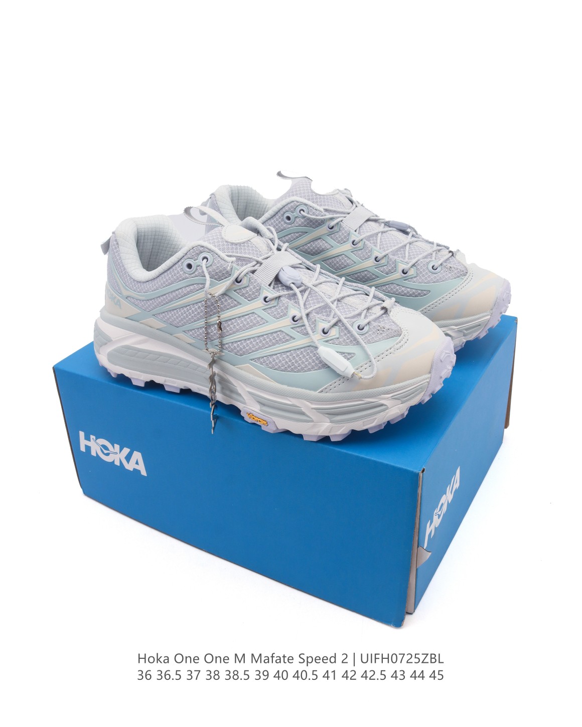 🈴💰190
【公司级】玛法特二代 HOKA ONE ONE Mafate Speed 2 Low 轻量低帮户外越野跑鞋 户外山脉越野轻量运动跑鞋。鞋面用轻的无缝架构，鞋带用了弹性不易松脱的扁宽弹性鞋带，轻薄的TPU贴在透气的鞋面上。以阿尔卑斯山脉为主将亮色与蓝色调覆盖在这轮廓之上，前掌与中掌部分进行加宽，橡胶大底，EVA缓震鞋底用滚动平衡技术引导跑者自然步态。

类型：男女鞋
尺码：36-45含半码
编码：UIFH0725ZBL