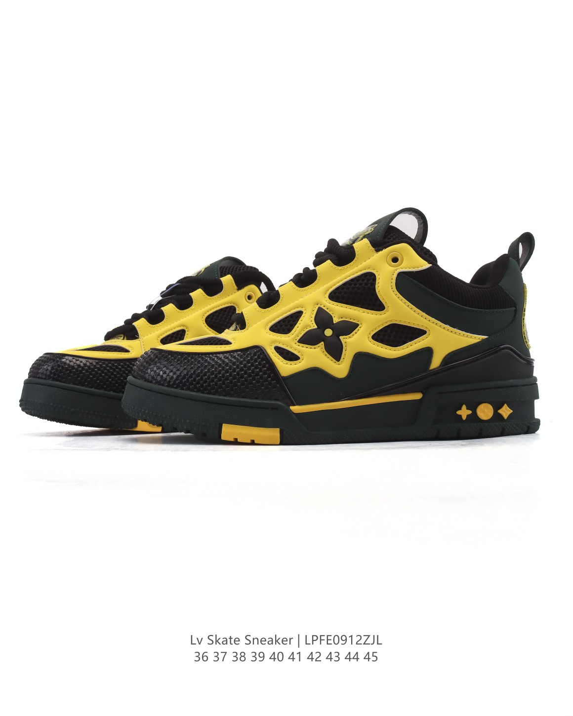 🛒购物价：270💰公司级正确版本✅官方旗舰店同步品质. LV Skate Sneaker 路易威登 2025年新款运动板鞋 蛇年限定 春夏秀场初次亮相，此次以粒面牛皮革焕新呈现。加垫鞋领和鞋舌援引滑板鞋设计，科技鞋带和橡胶外底完善整体。粒面牛皮革网面拼接鞋面，橡胶外底，鞋舌和鞋底 后部饰有 LV 标识。

尺码：36-45
编码：LPFE0912ZJL